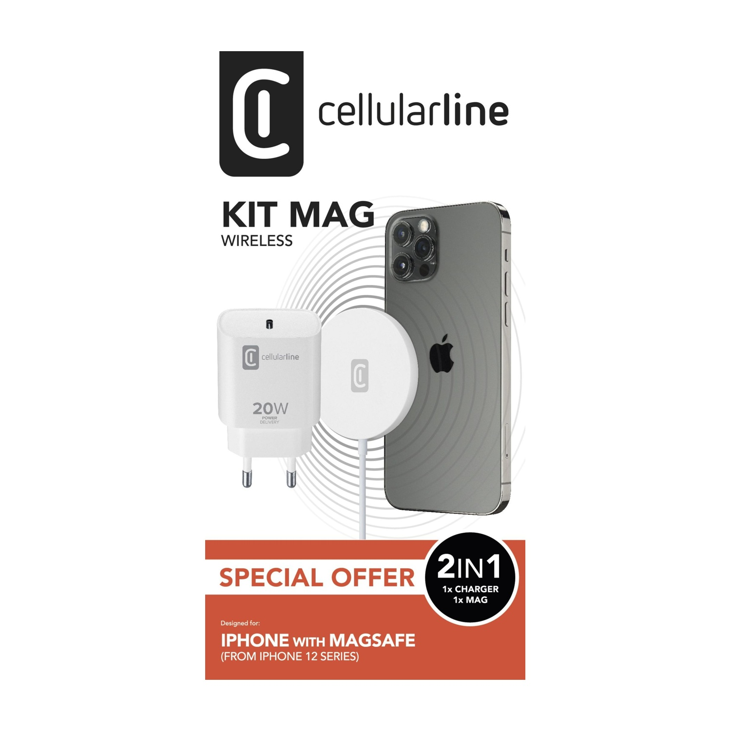 Kit di ricarica Cellularline MagSafe. Include caricatore, pad di ricarica e telefono. Sfondo bianco e testo offerta.