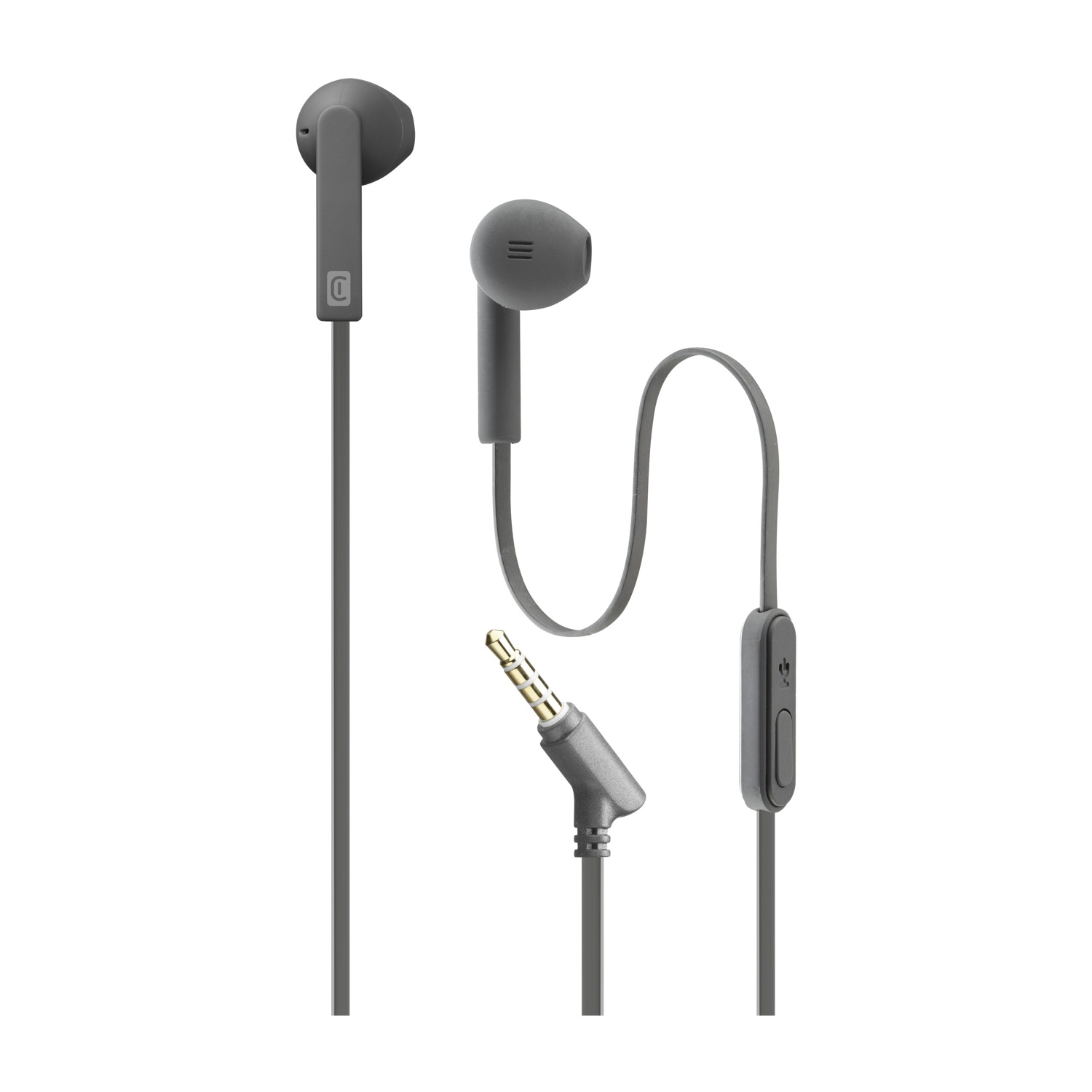 Auricolari grigi con microfono e jack da 3,5 mm. Cavo con pulsante di controllo.