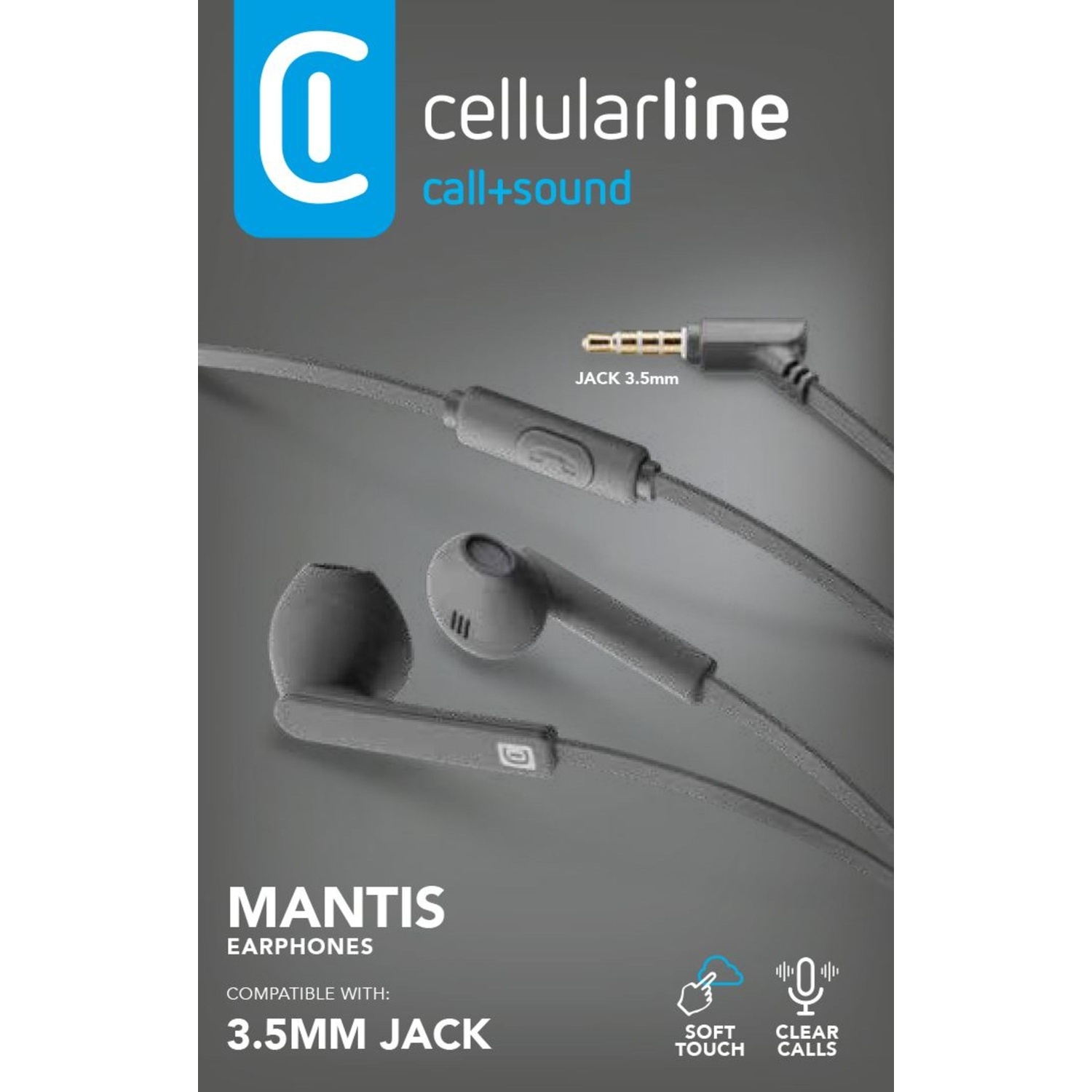 Auricolari grigi con cavo jack da 3,5 mm, con testo per le cuffie Mantis.