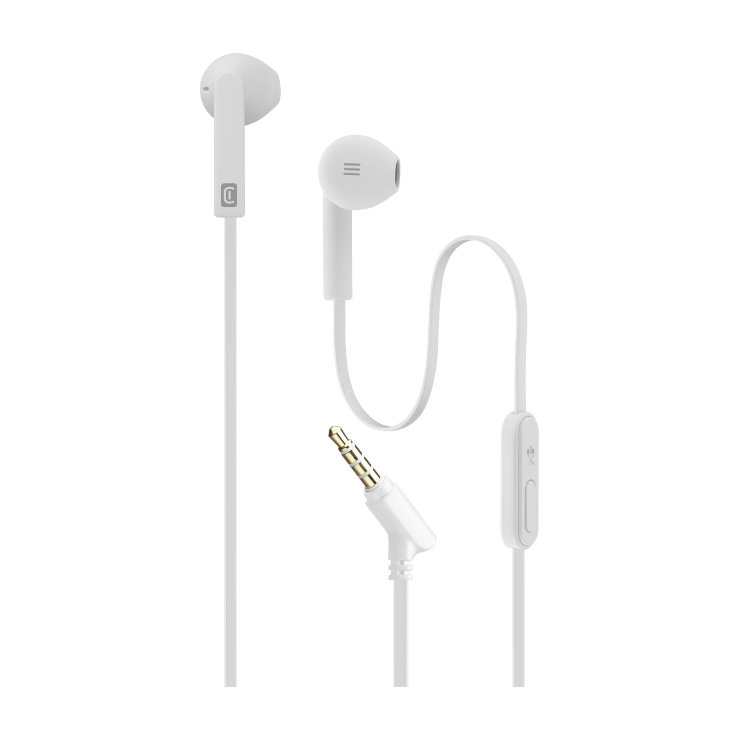 Auricolari bianchi con cavo bianco e controllo bianco. Isolati su sfondo bianco. Vista da vicino.