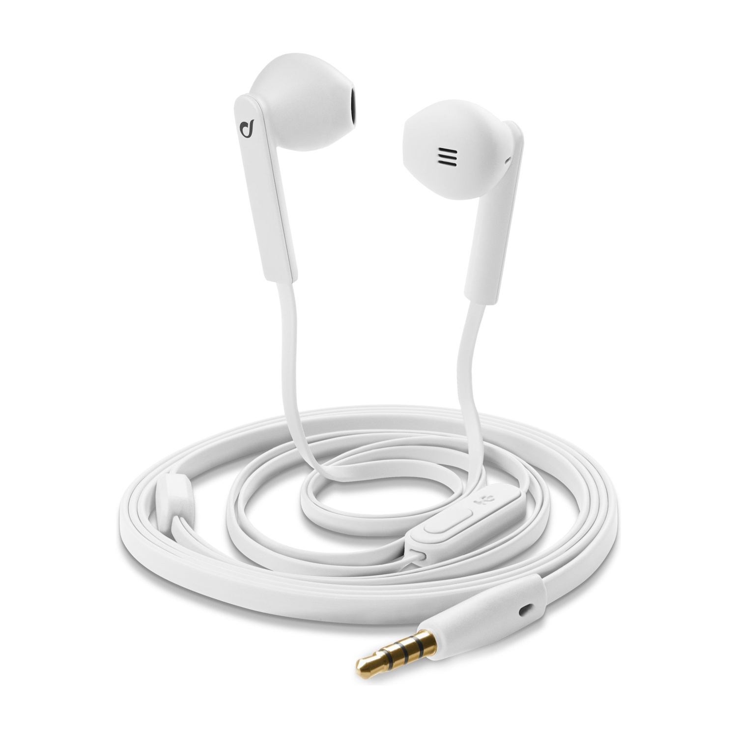 Cuffie bianche con cavo e jack sono mostrate su uno sfondo bianco.