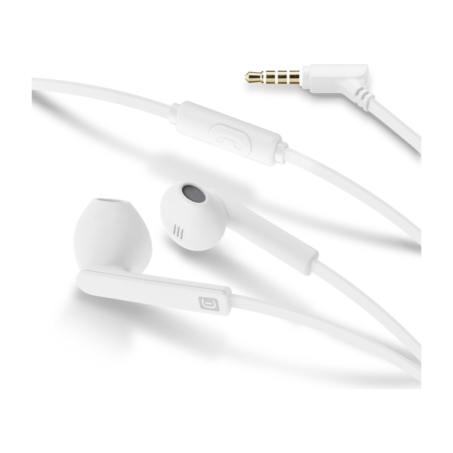 Auricolari bianchi con modulo di controllo e jack da 3,5 mm. Spina angolata a destra.