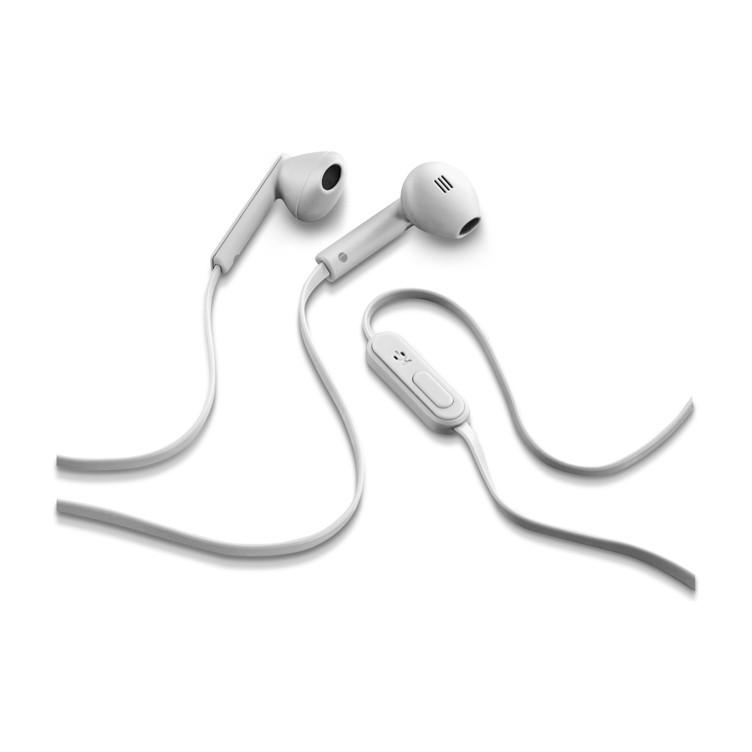 Cuffie in-ear bianche con un pannello di controllo, su sfondo bianco.