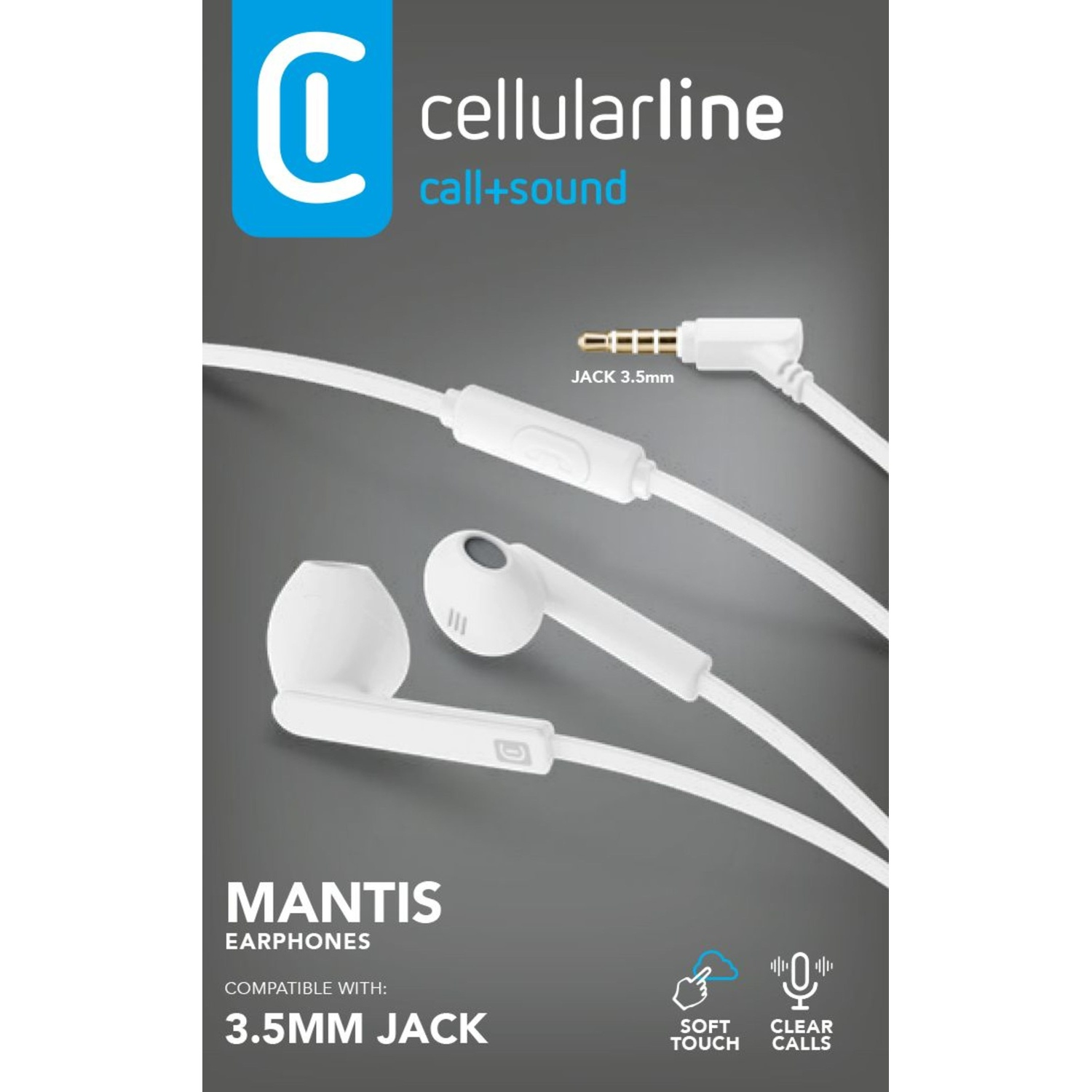 Auricolari bianchi con jack da 3,5 mm, etichettati come "Mantis Earphones".