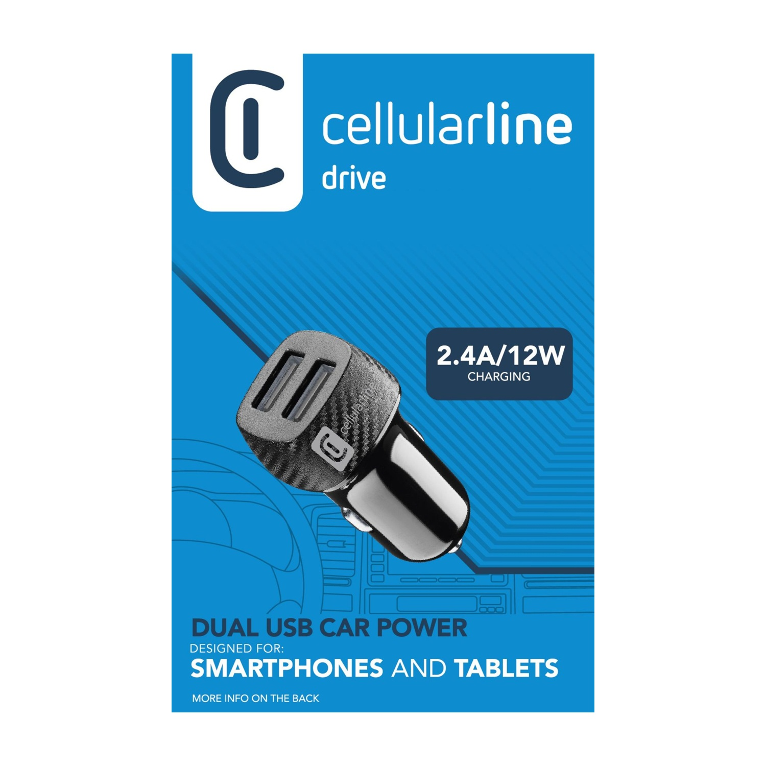 Un adattatore di alimentazione per auto USB dual Cellularline in un'immagine promozionale.