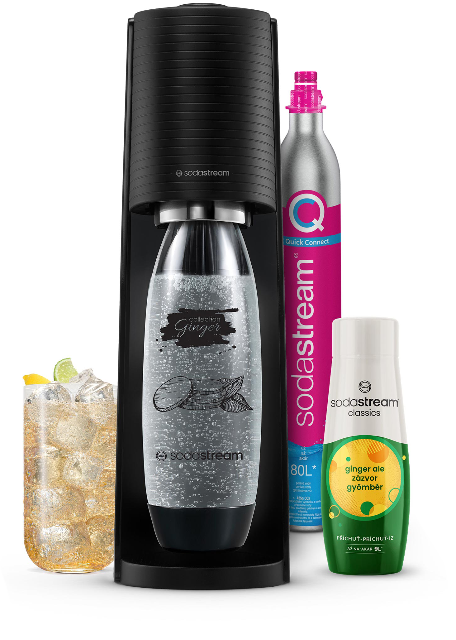 SodaStream karbonizáló, gyömbérszirup, és egy pohár gyömbér sör jéggel és lime szelettel.