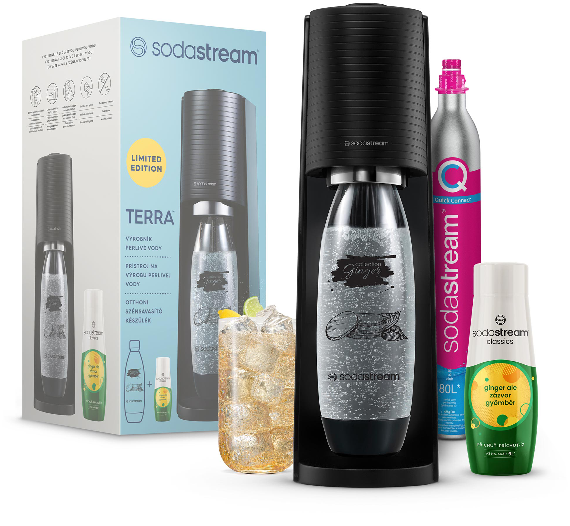 SodaStream Terra gép, kiegészítőkkel: palack, gázpalack és ital.