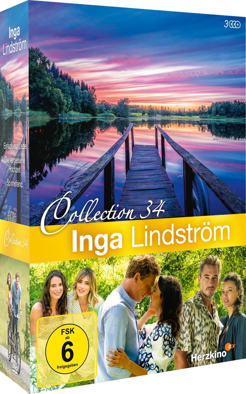 Ein DVD-Cover mit einer See-Szene bei Sonnenuntergang und Schauspielern. Der Titel lautet 'Inga Lindström Collection 34'.