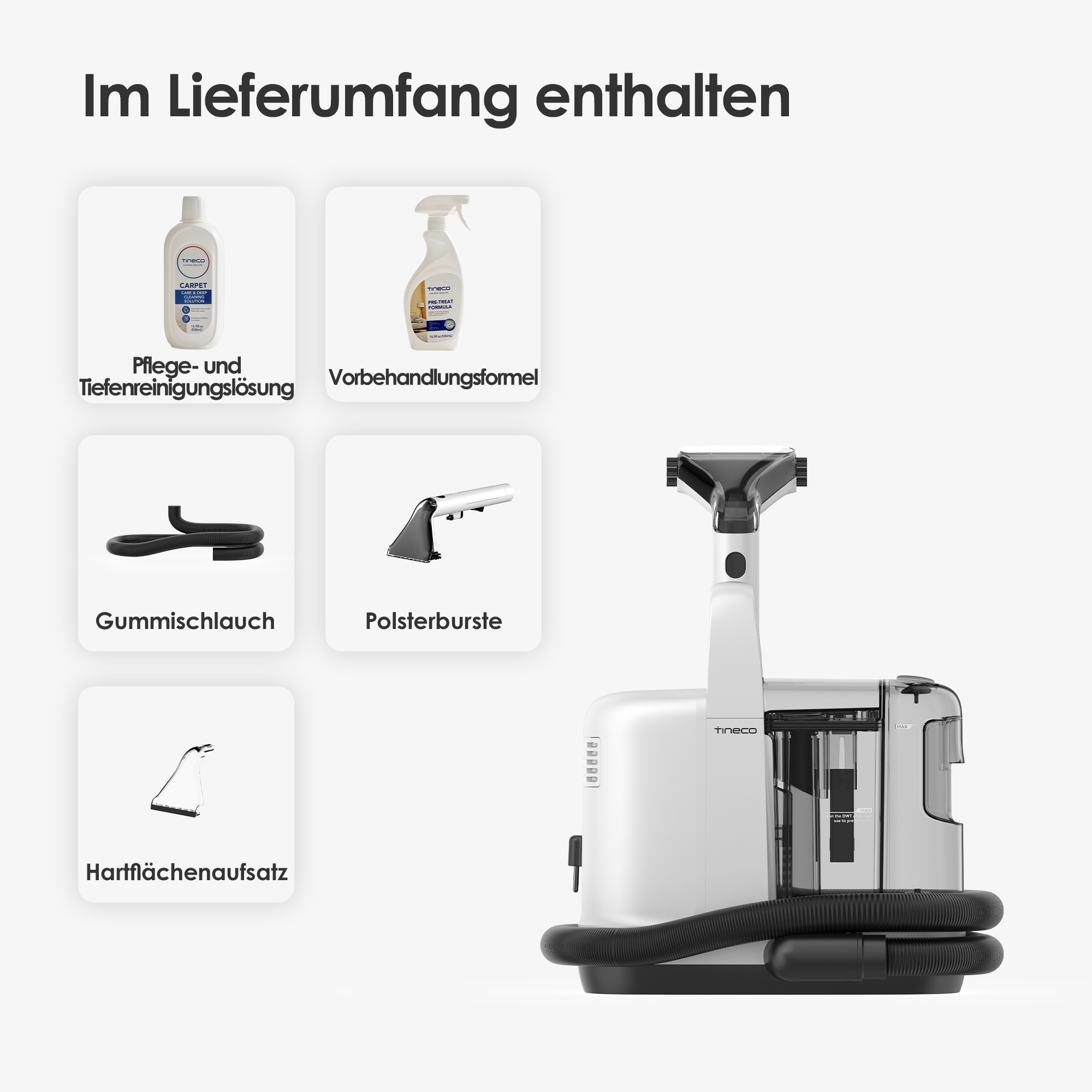 Reinigungsgerät mit Aufsätzen, neben Bildern von Reinigungsprodukten.
