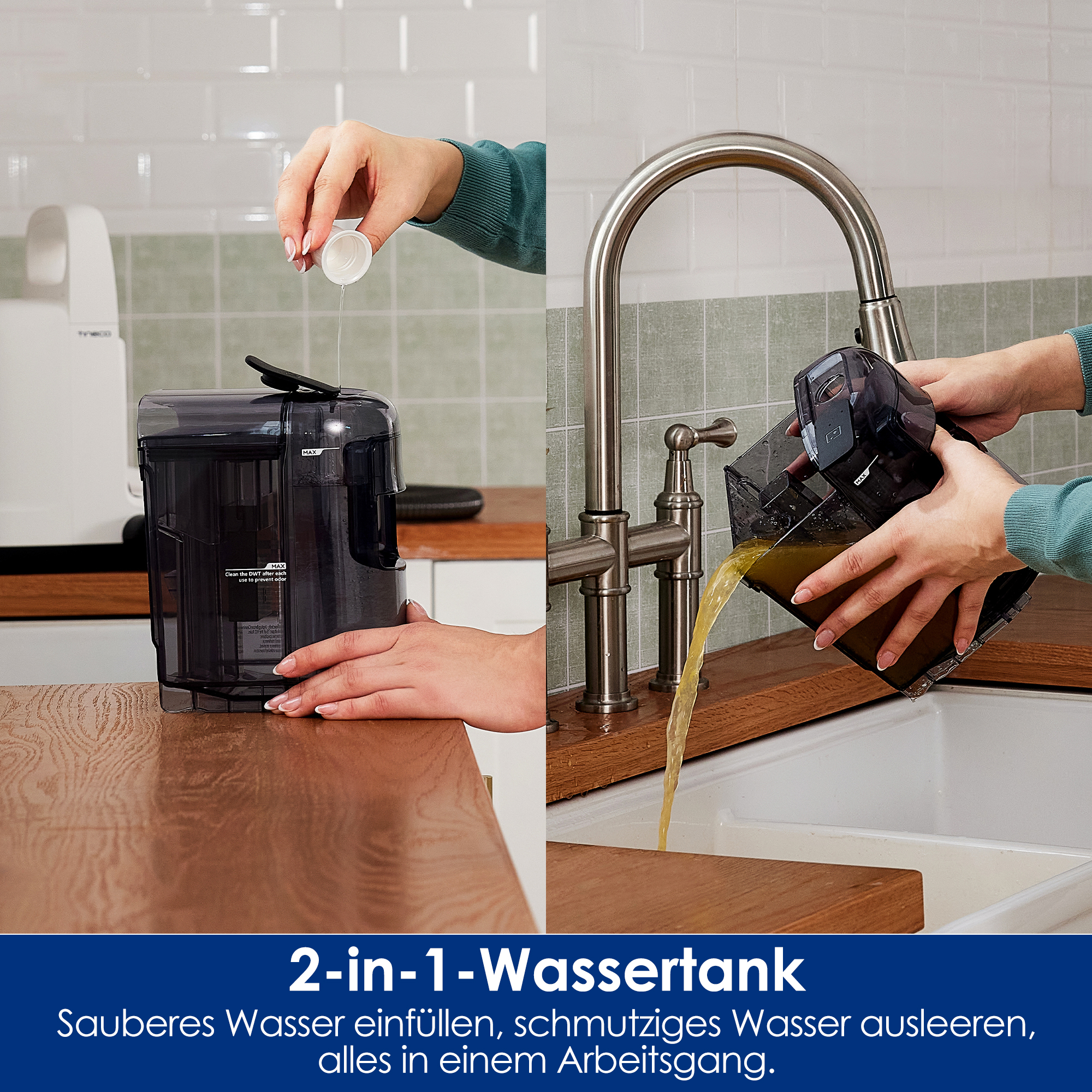 Hände füllen und leeren Behälter. Im Hintergrund befinden sich ein Waschbecken und ein Wasserhahn.