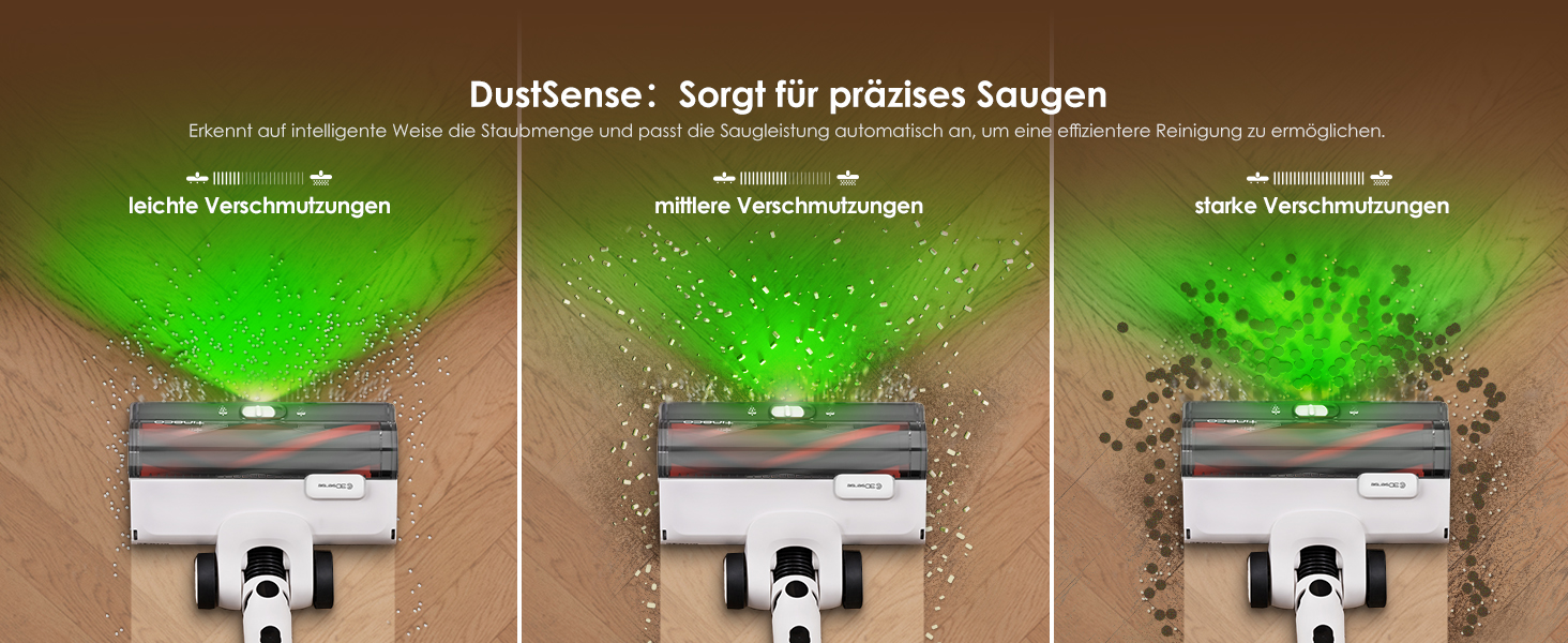 Drei Bilder eines Staubsaugerkopfes, die die Reinigungsleistung demonstrieren, mit grünen Partikeln auf Holzboden.