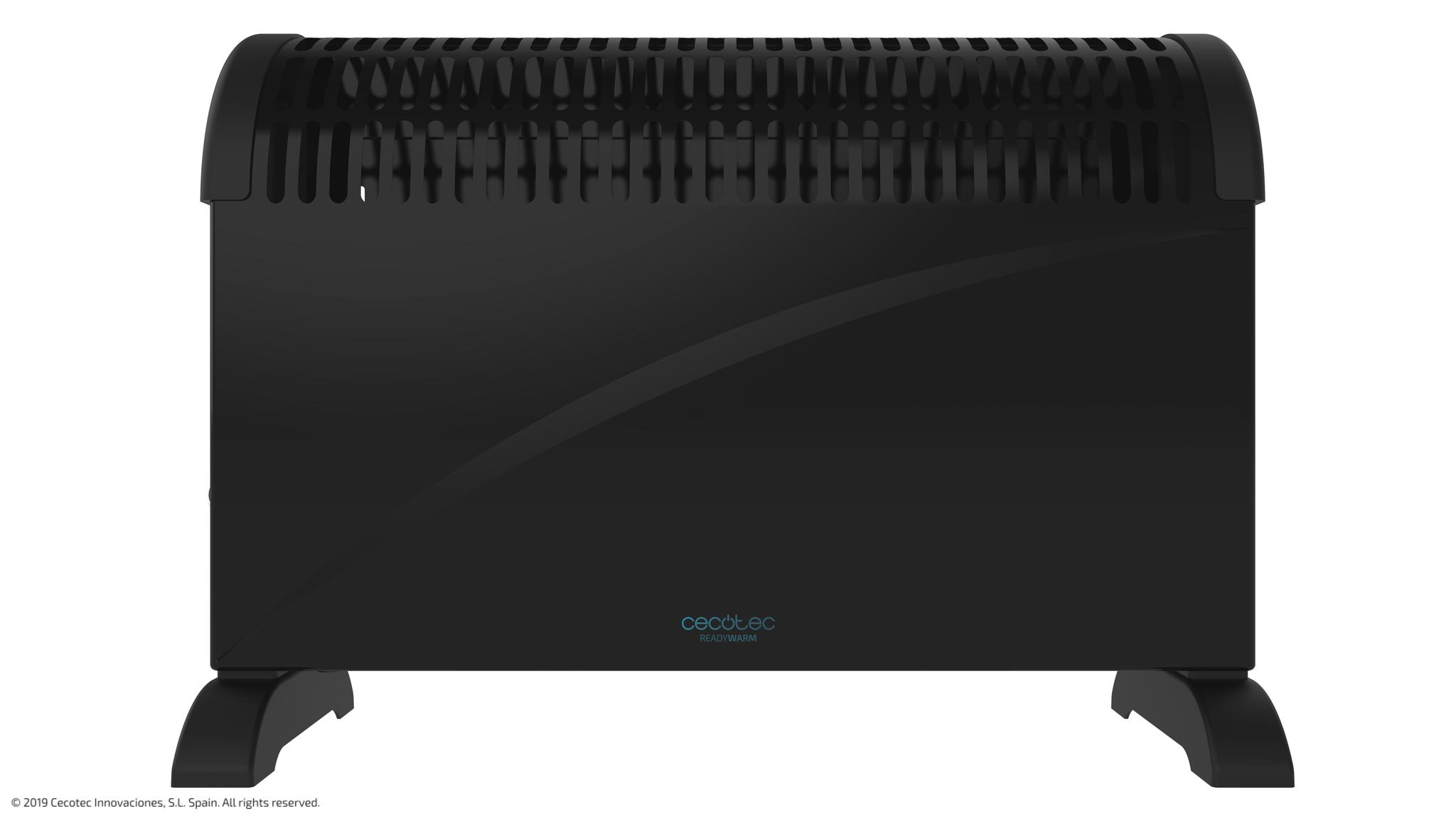 Un calentador eléctrico negro. Tiene un diseño curvo y se apoya en dos pies negros, sobre un fondo blanco.