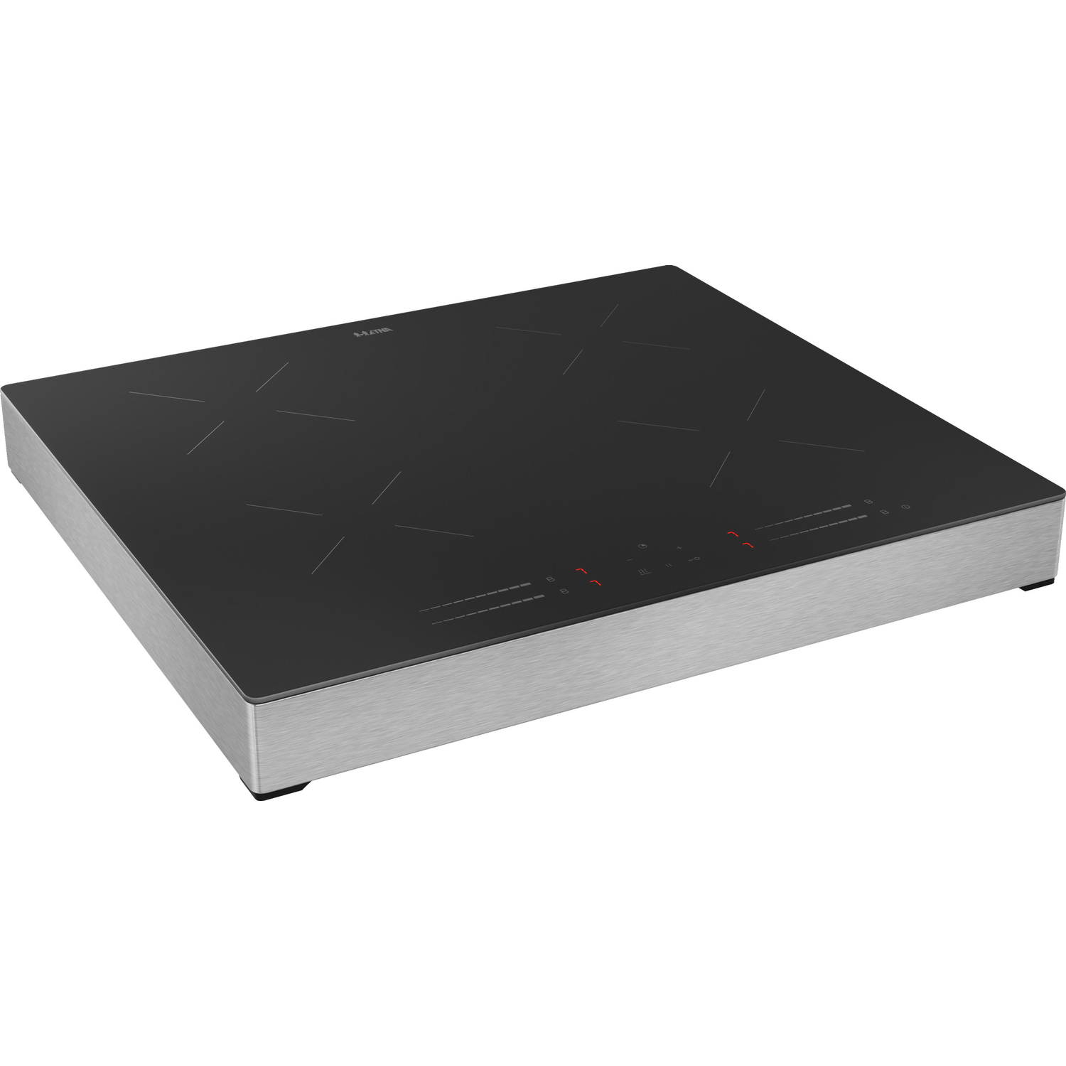 Black and silver induction cooktop with four burners. Stainless steel frame.