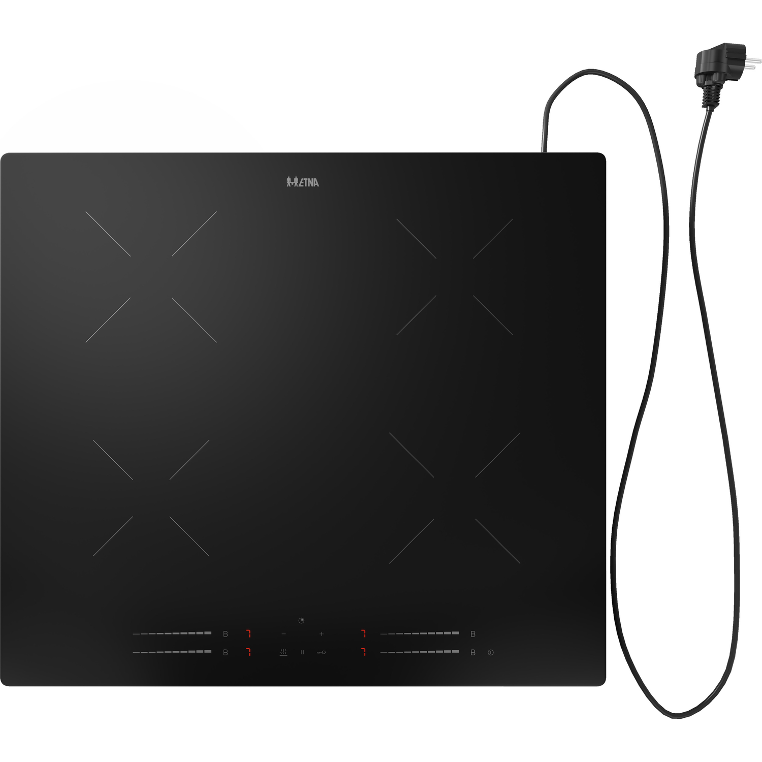Black induction cooktop with four cooking zones and a power cord.