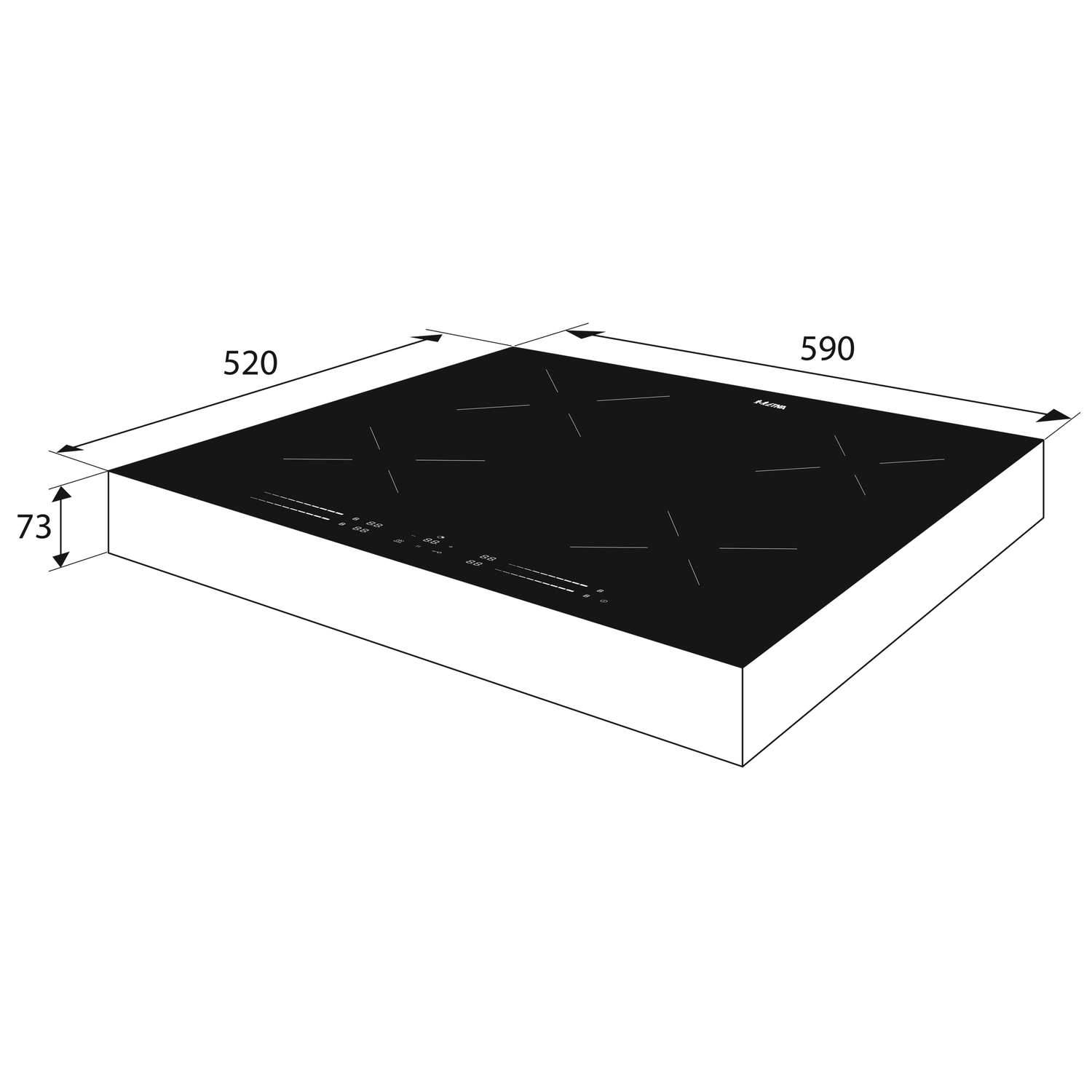 A black induction cooktop with four burners and dimensions labeled. It is a top view.