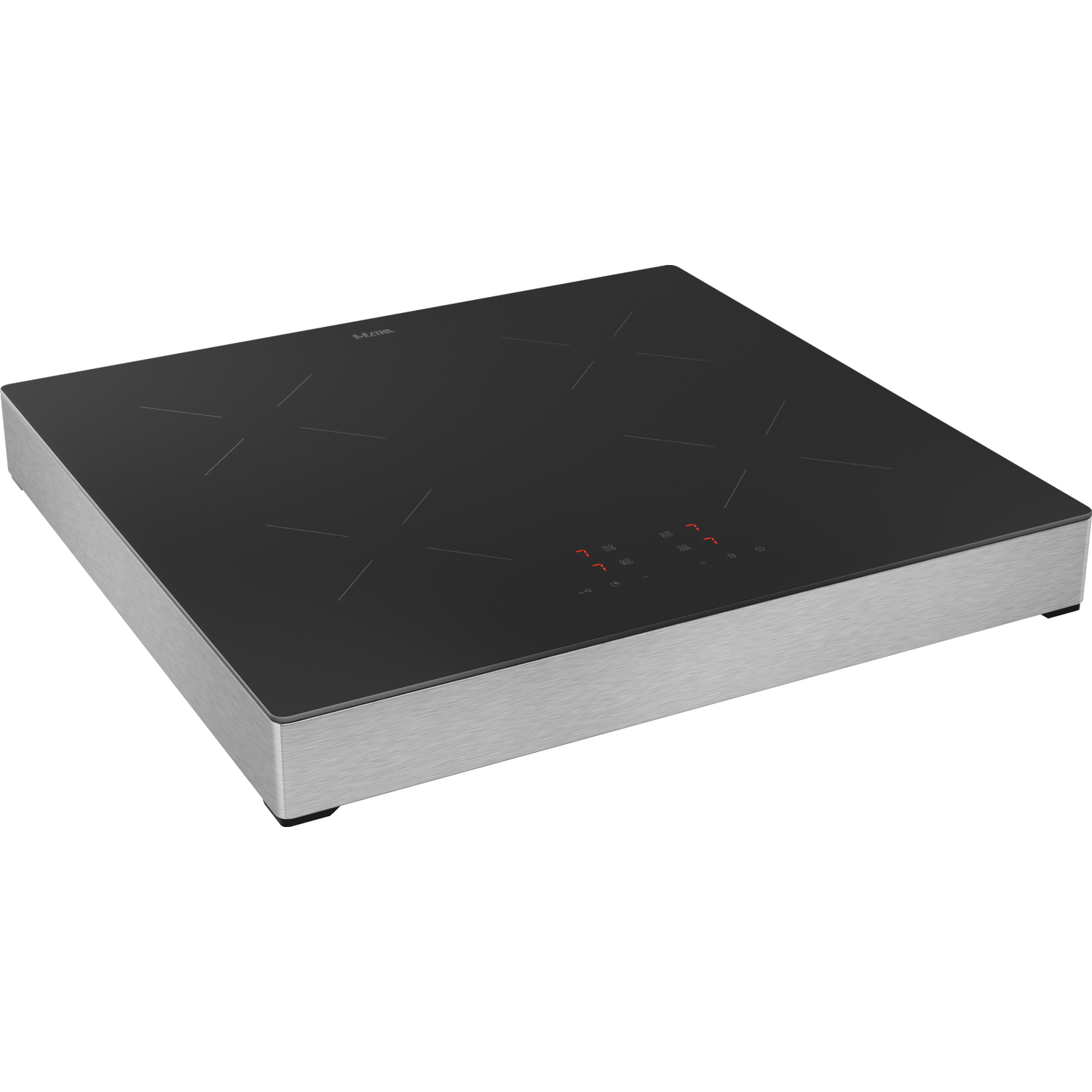 A black induction cooktop with a stainless steel frame, six cooking zones, and touch controls.