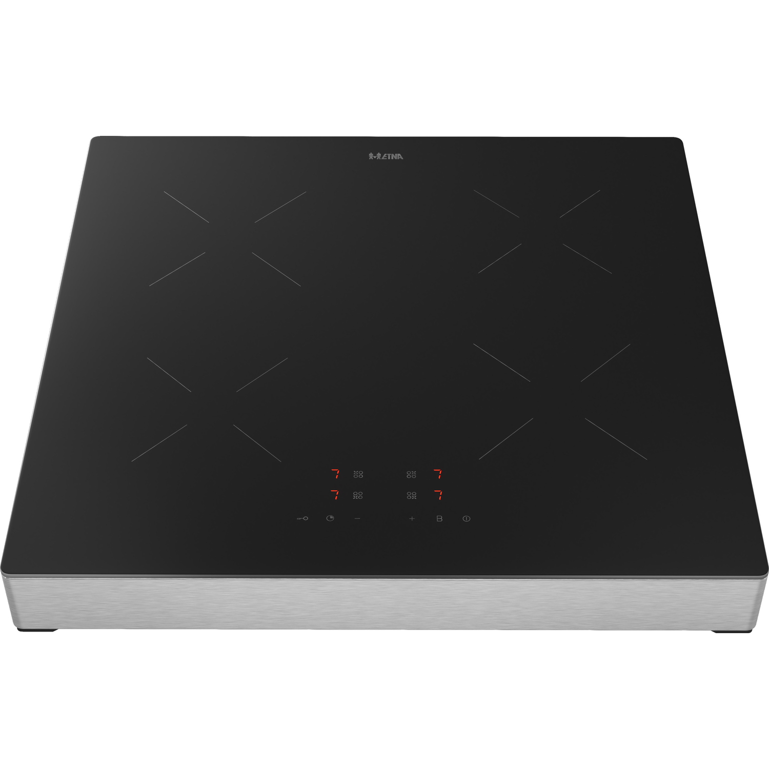 Black induction cooktop with four cooking zones and a brushed metal frame, from above.