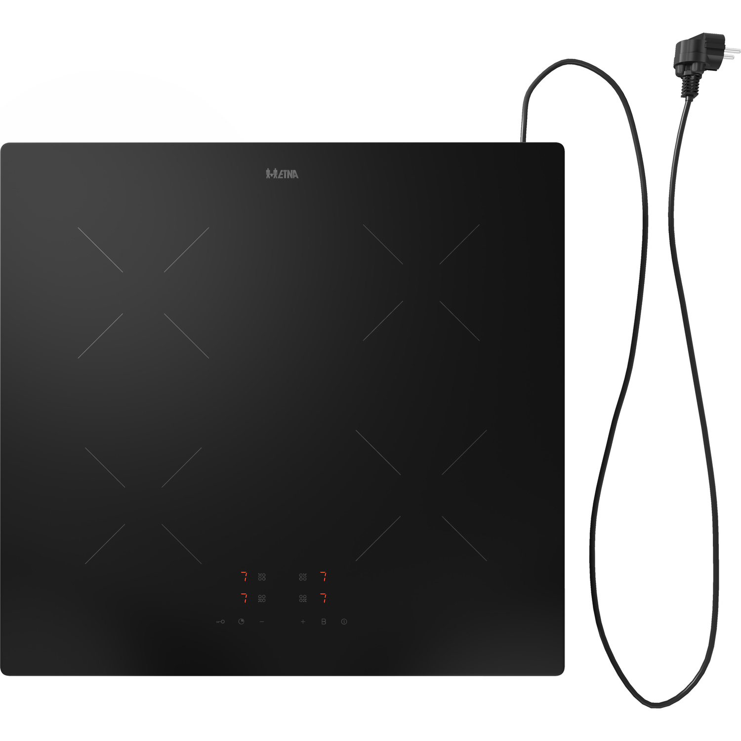 Black induction hob with four burners, red lights. Black cable and plug on the right.