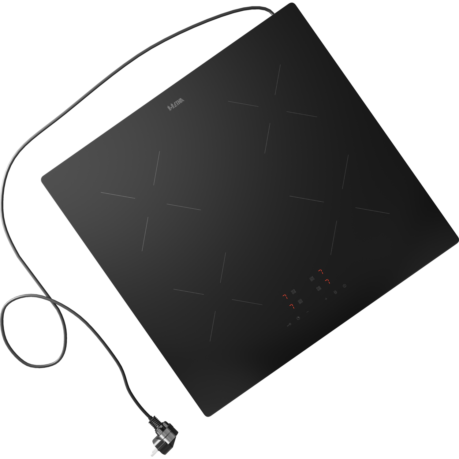 Black cooktop with five burners and a power cord.