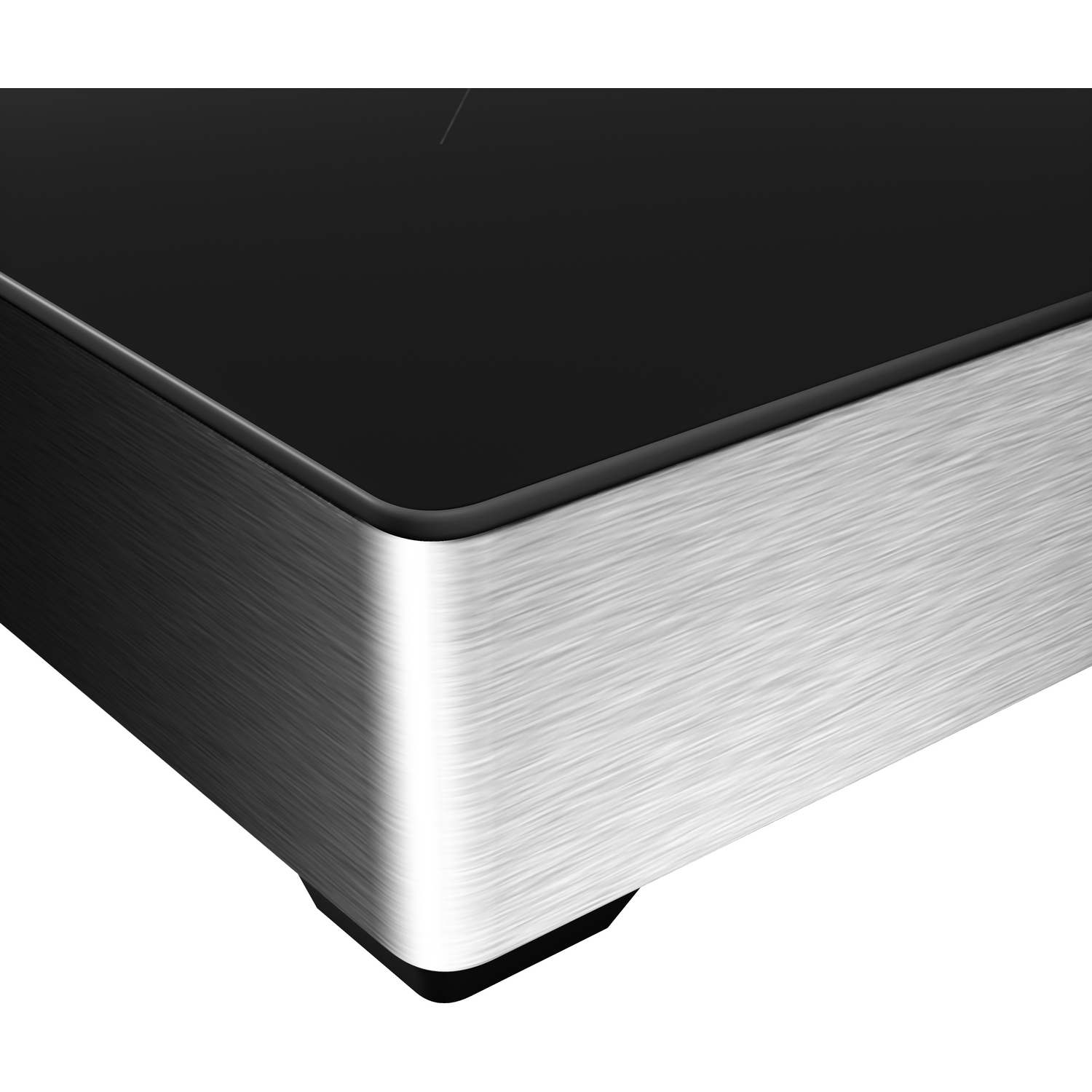 Close-up of a black and silver-brushed metal corner of a cooking appliance, showing clean lines.