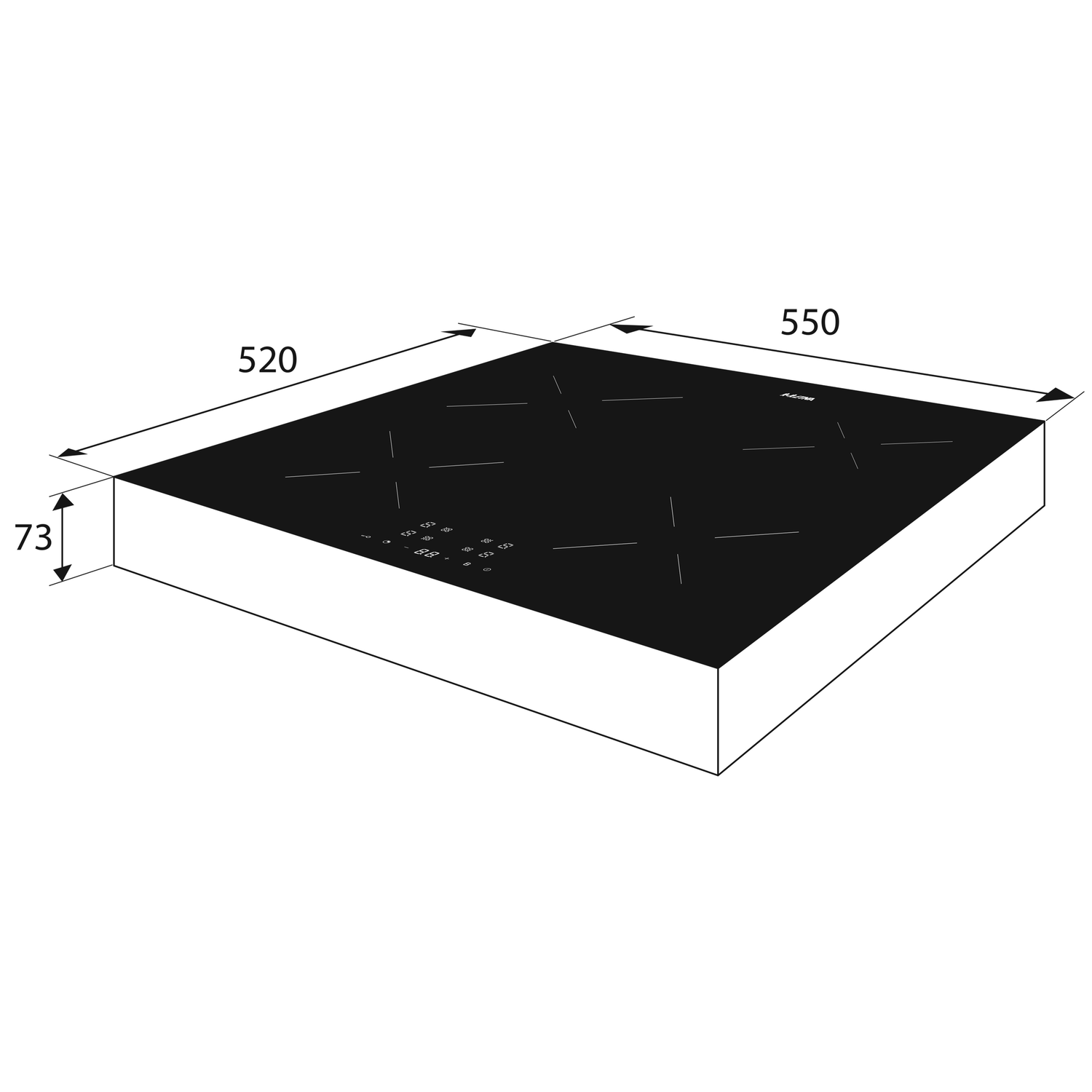 Black built-in electric cooktop with dimensions, white background.