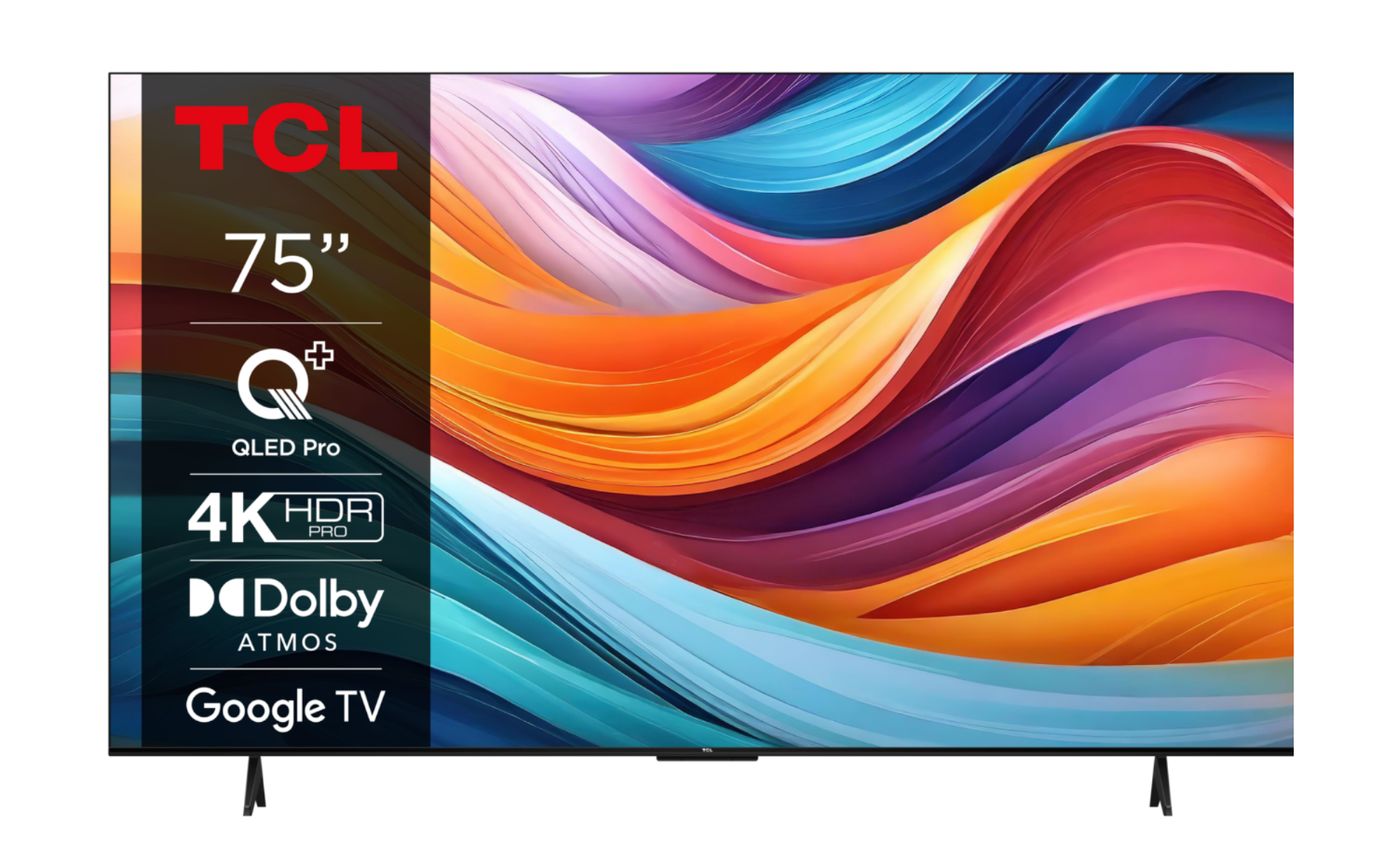 TV TCL 75" avec fond abstrait coloré, QLED Pro, 4K, Dolby Atmos, Google TV.