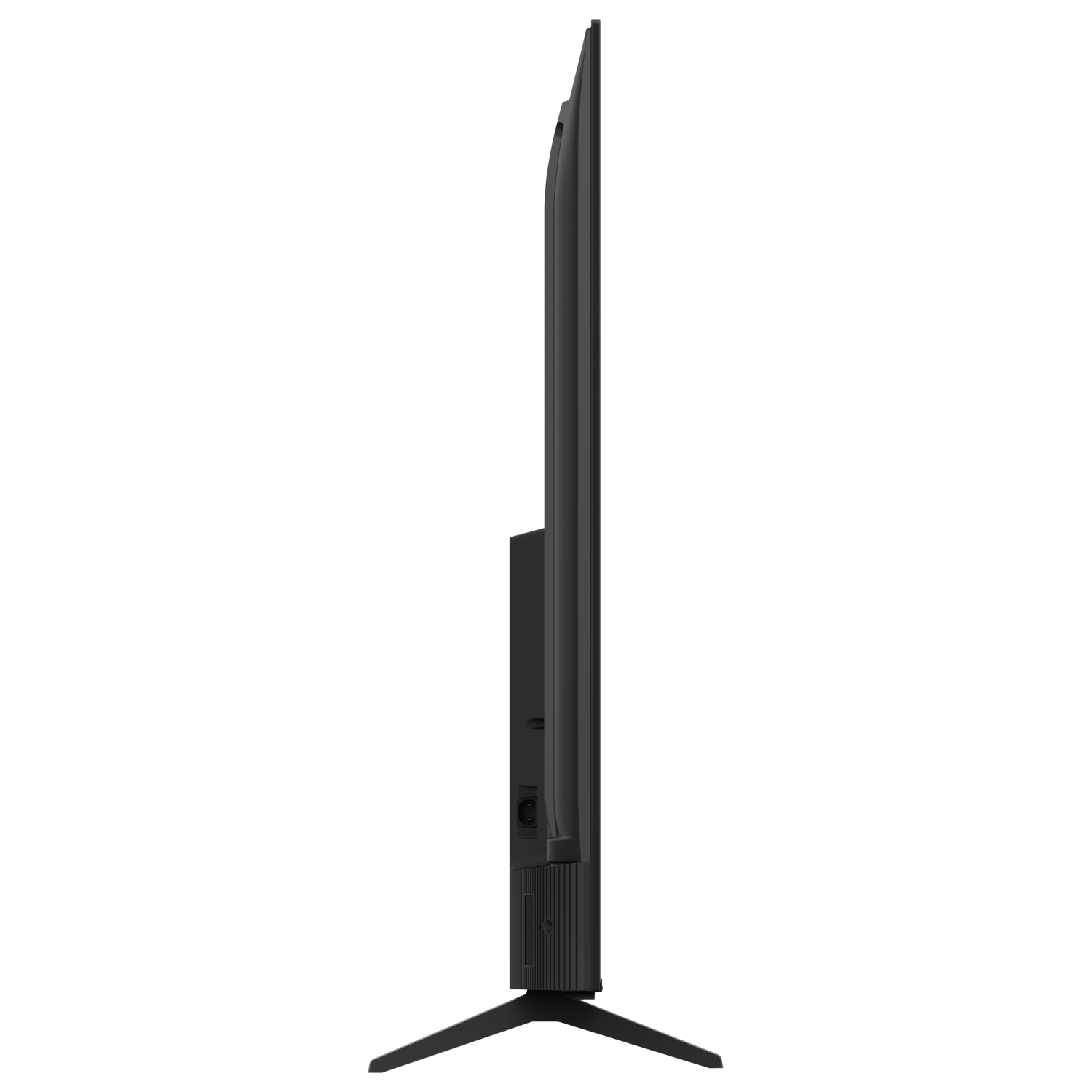 Vue latérale d'une télévision noire. Elle a un socle noir et un dos noir.