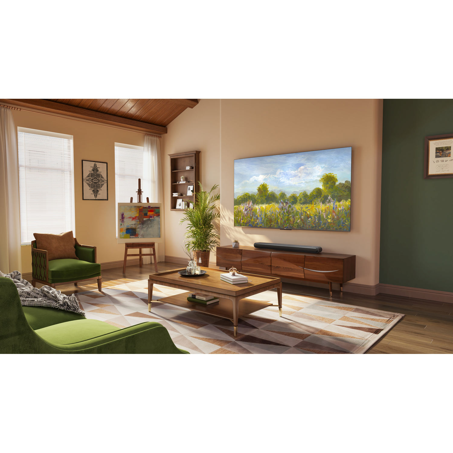 Salon avec grand téléviseur au-dessus d'un meuble en bois, peinture.