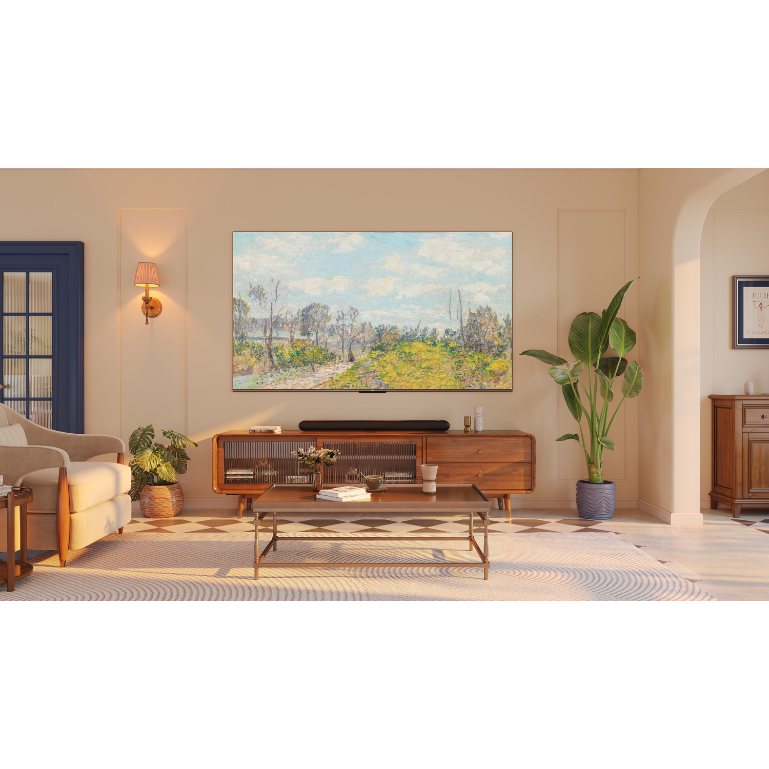 Salon avec TV, peinture, canapé et plantes.