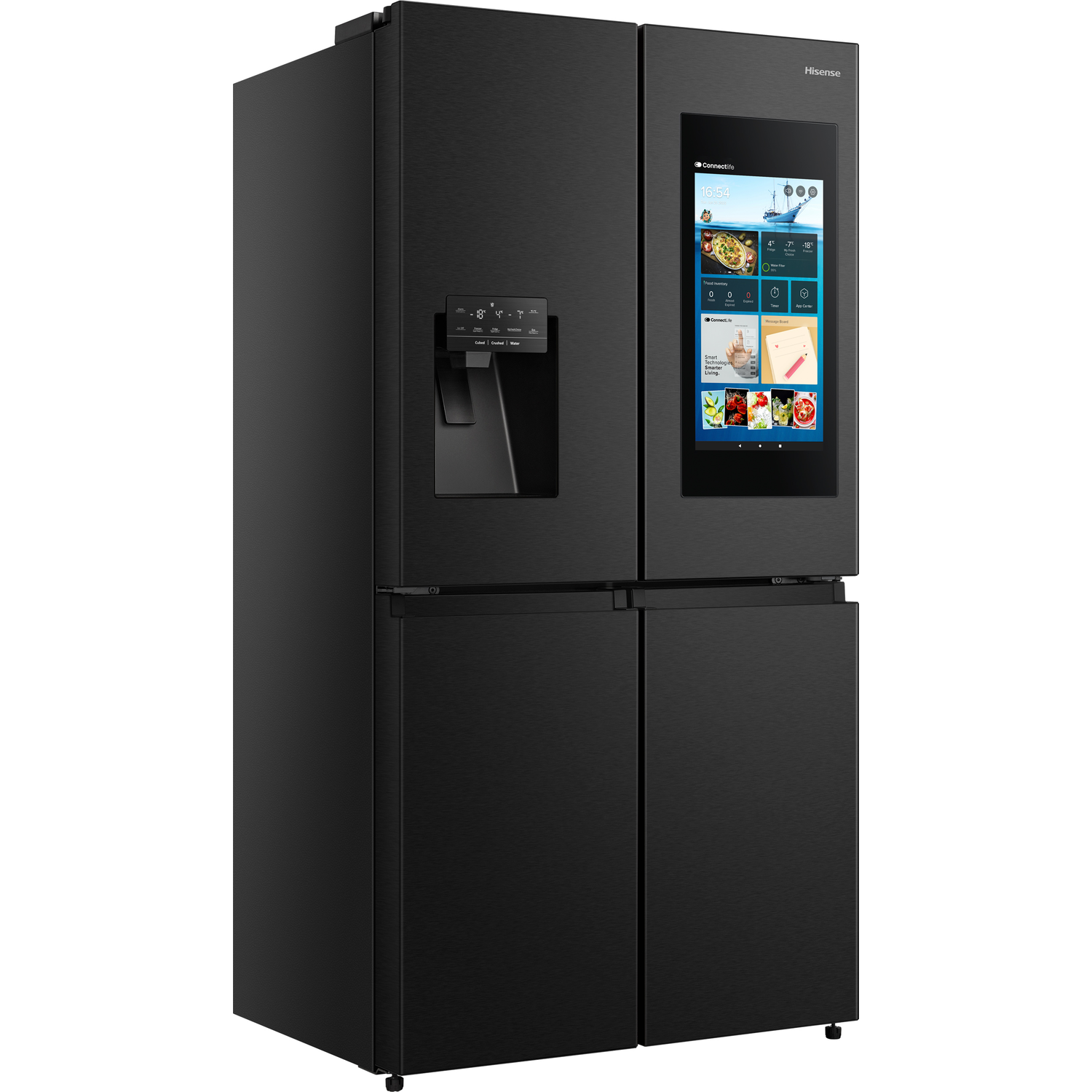 Black Hisense refrigerator with a touchscreen display and a water dispenser on the door. It is in a kitchen.