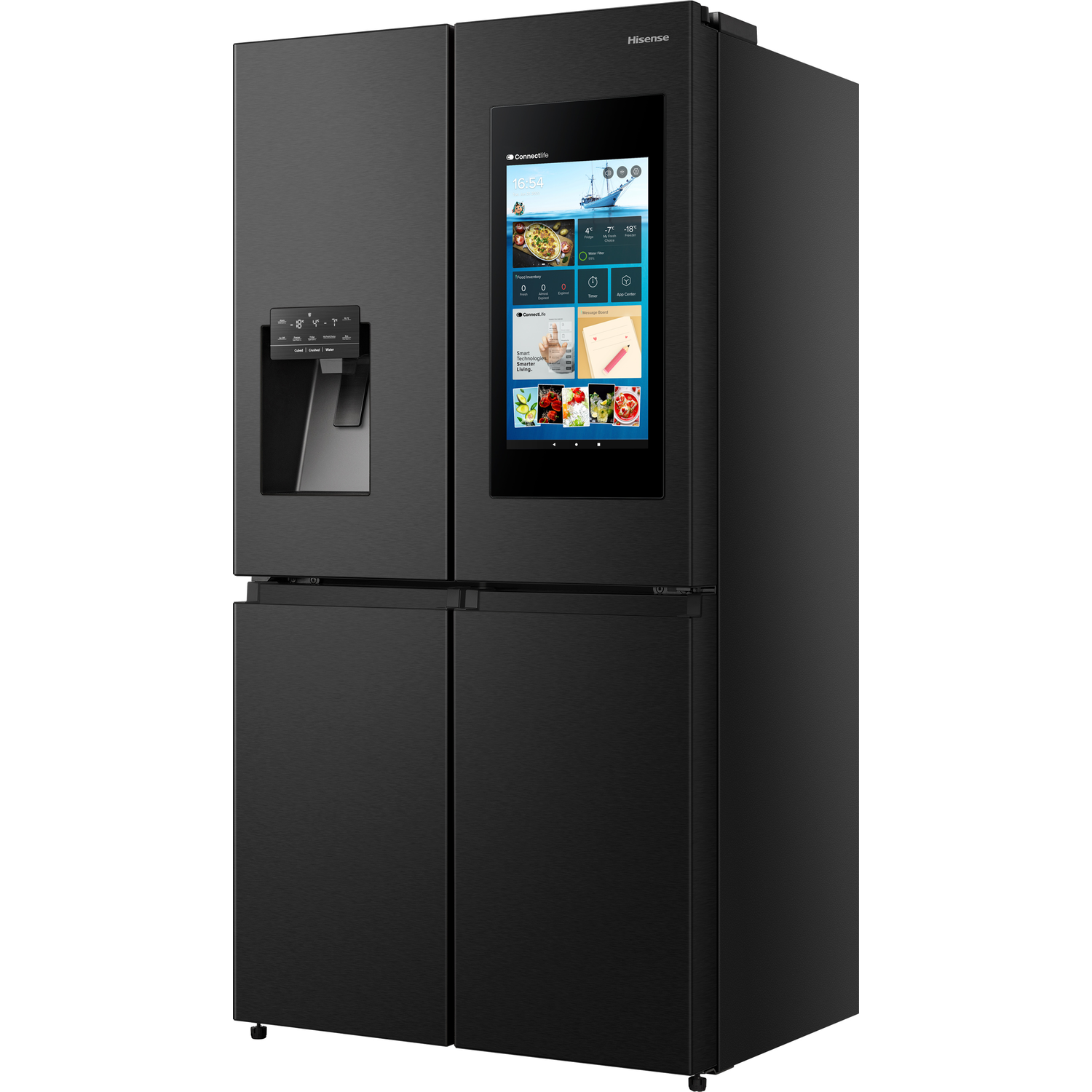 Black Hisense refrigerator with a touchscreen display, water dispenser, and four doors.