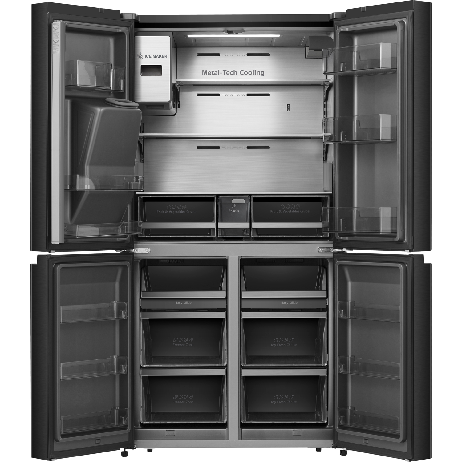 Opened black and silver refrigerator, with multiple shelves and drawers.