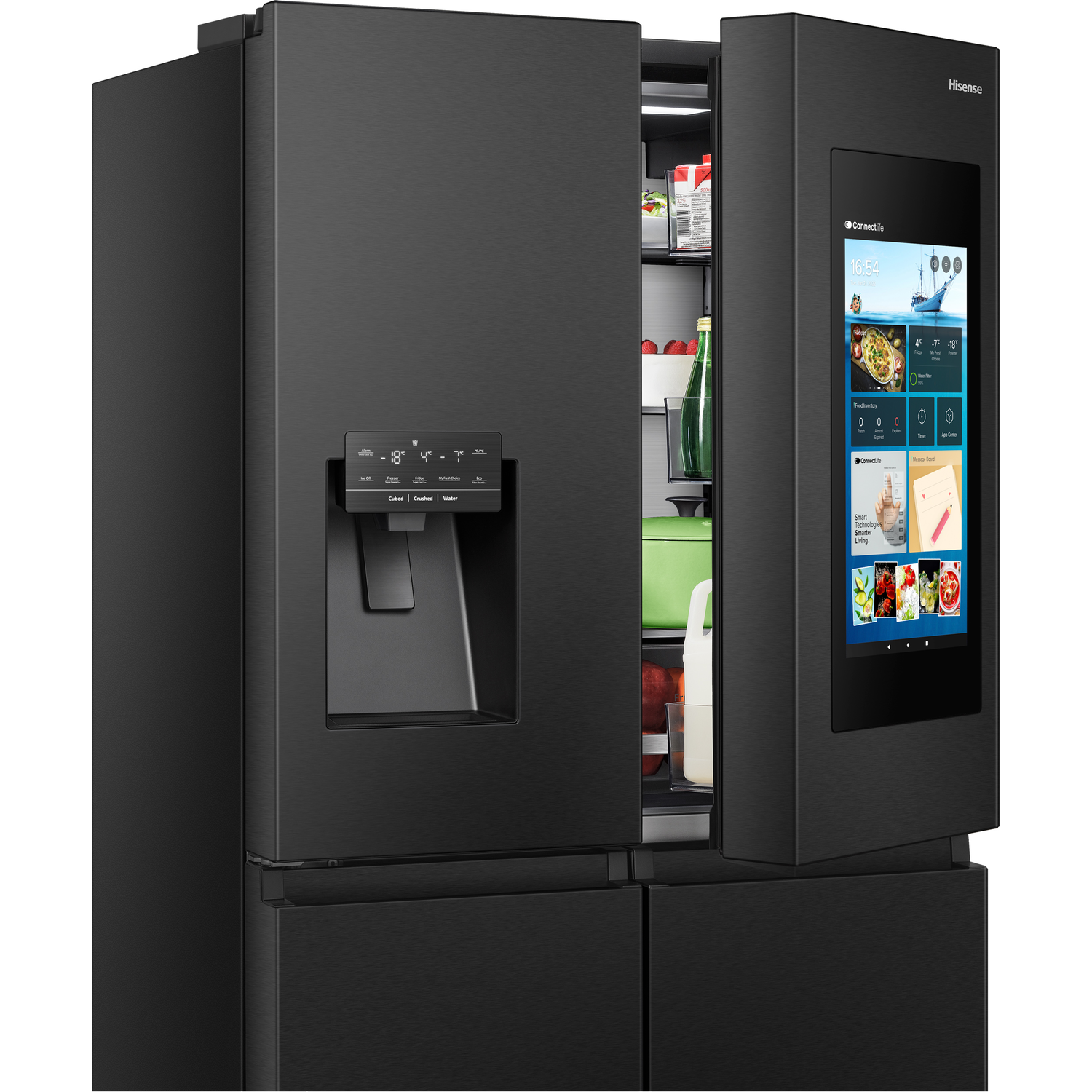Black Hisense refrigerator with a screen open, showing food and apps.