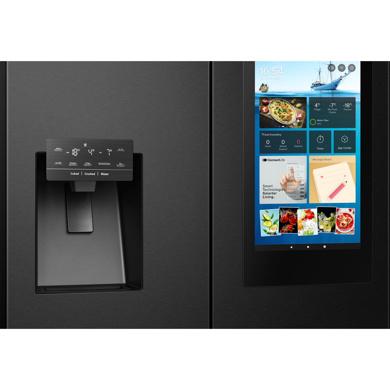 Close-up of a black Hisense refrigerator with a touchscreen, water dispenser, and control panel.