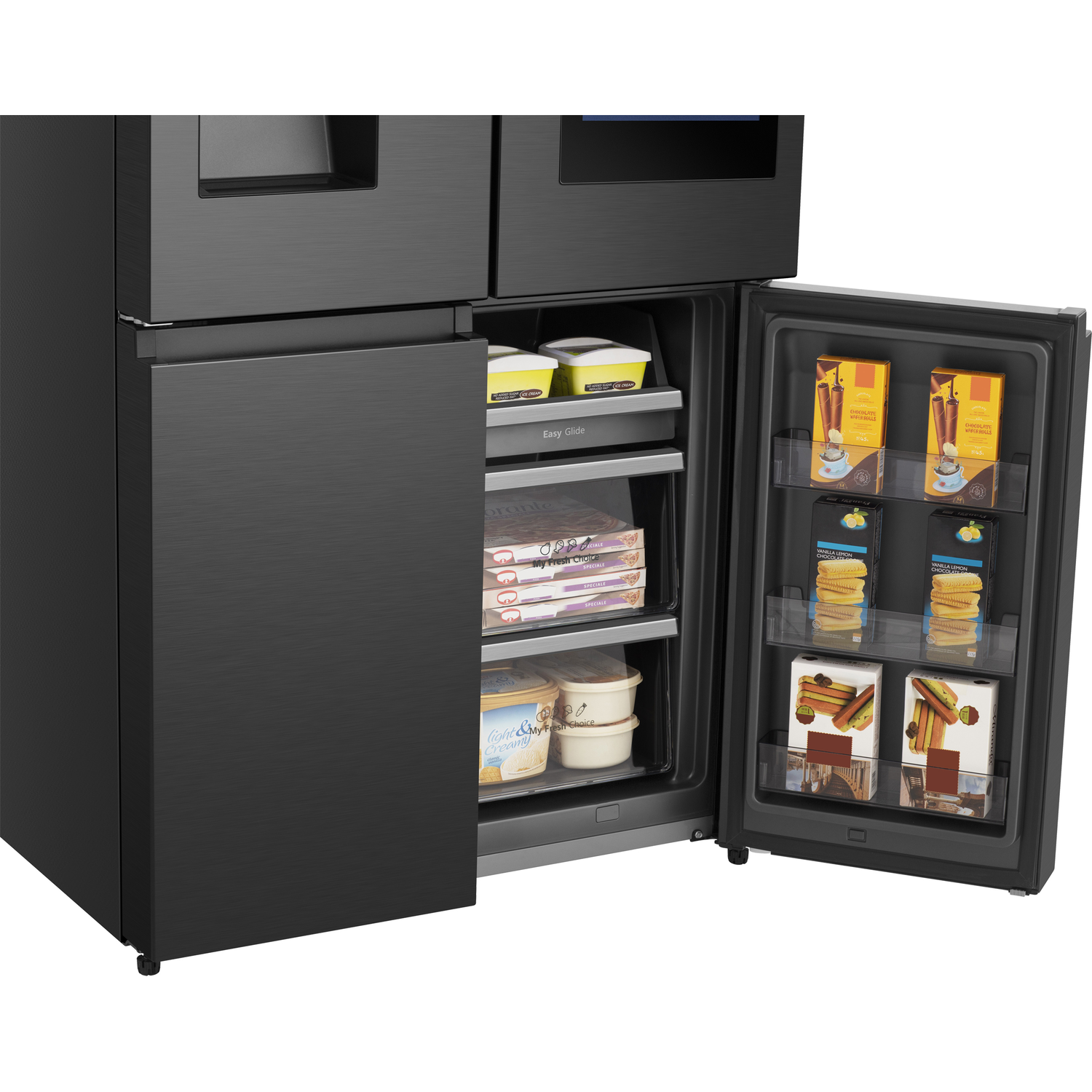 Black fridge with open doors. Food items are visible inside the fridge.
