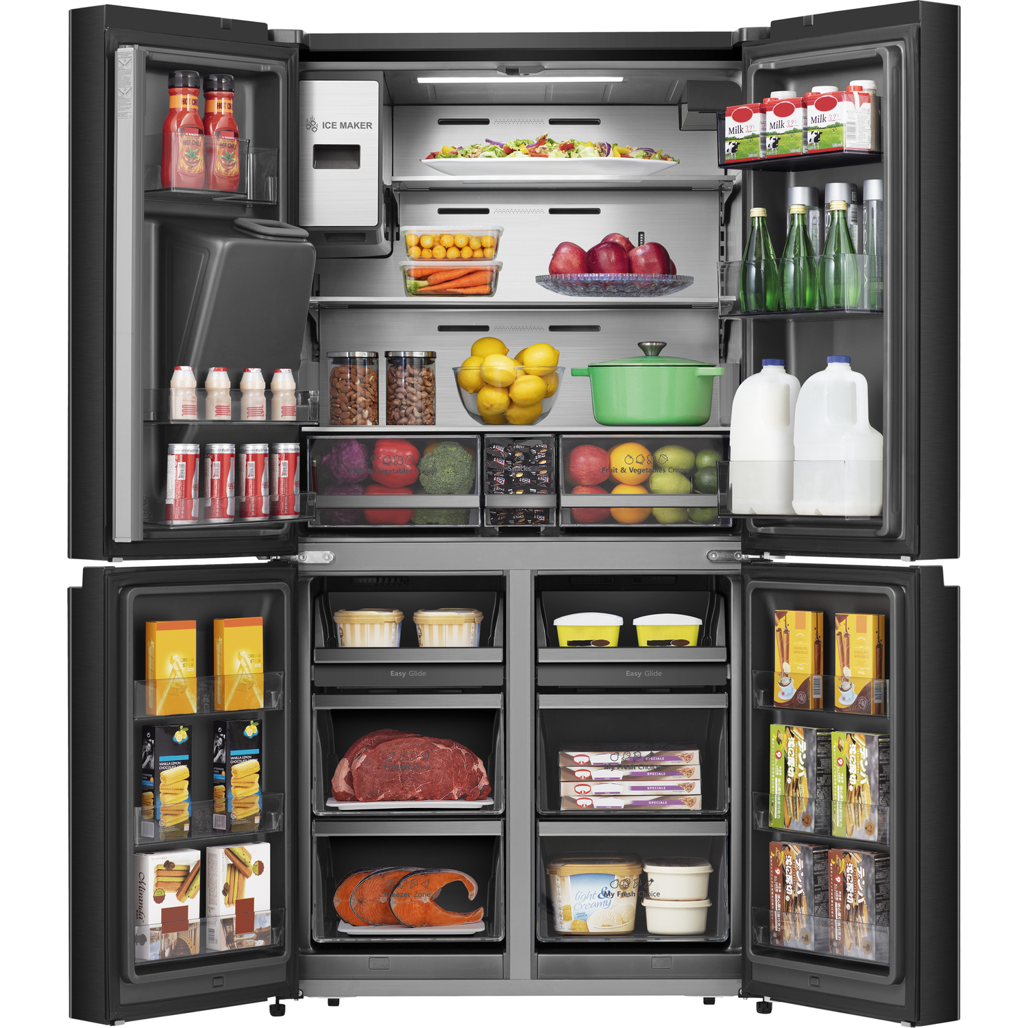 Opened black refrigerator with food inside. Includes fruits, vegetables, drinks, and frozen items.