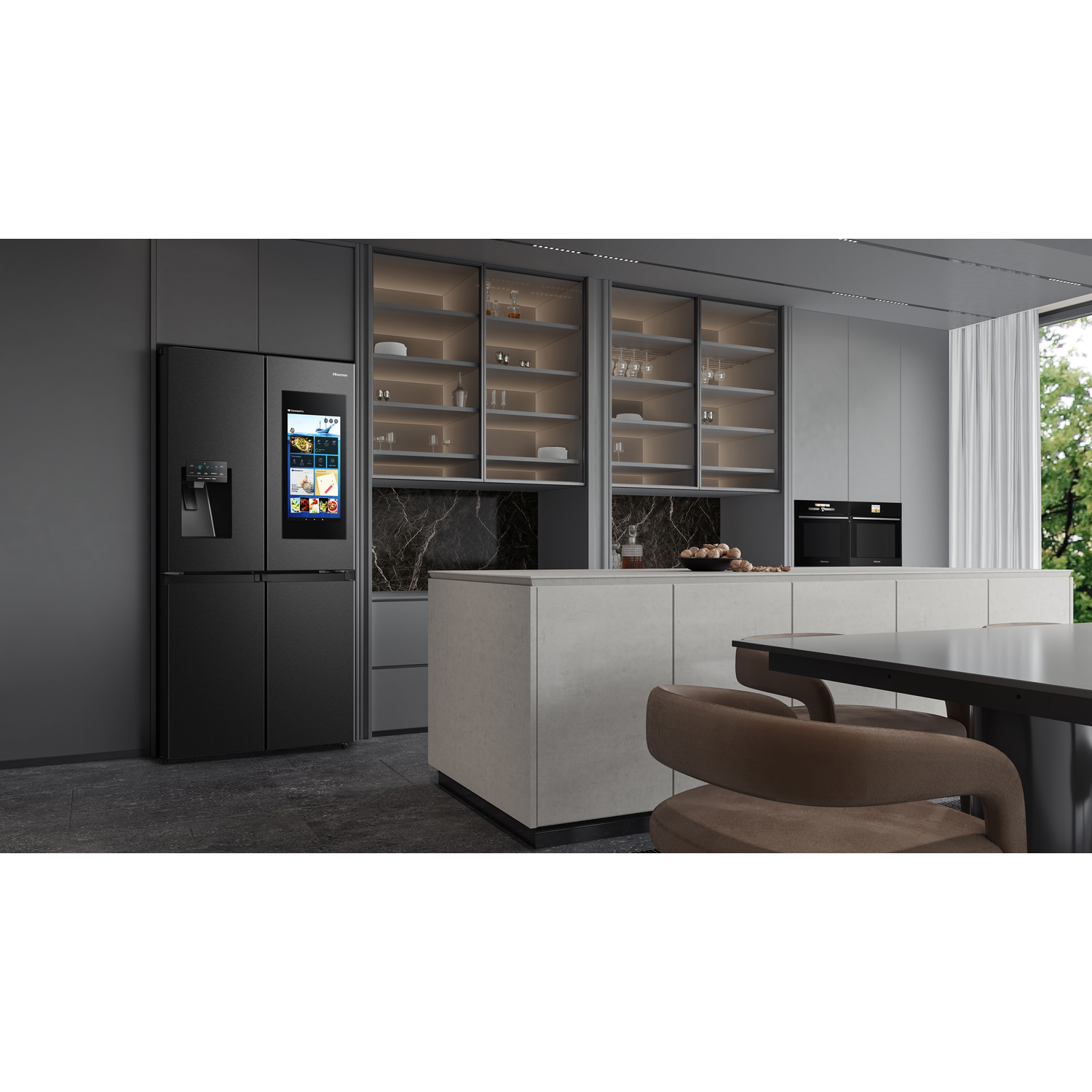 A black refrigerator with a touchscreen and water dispenser in a modern kitchen setting.