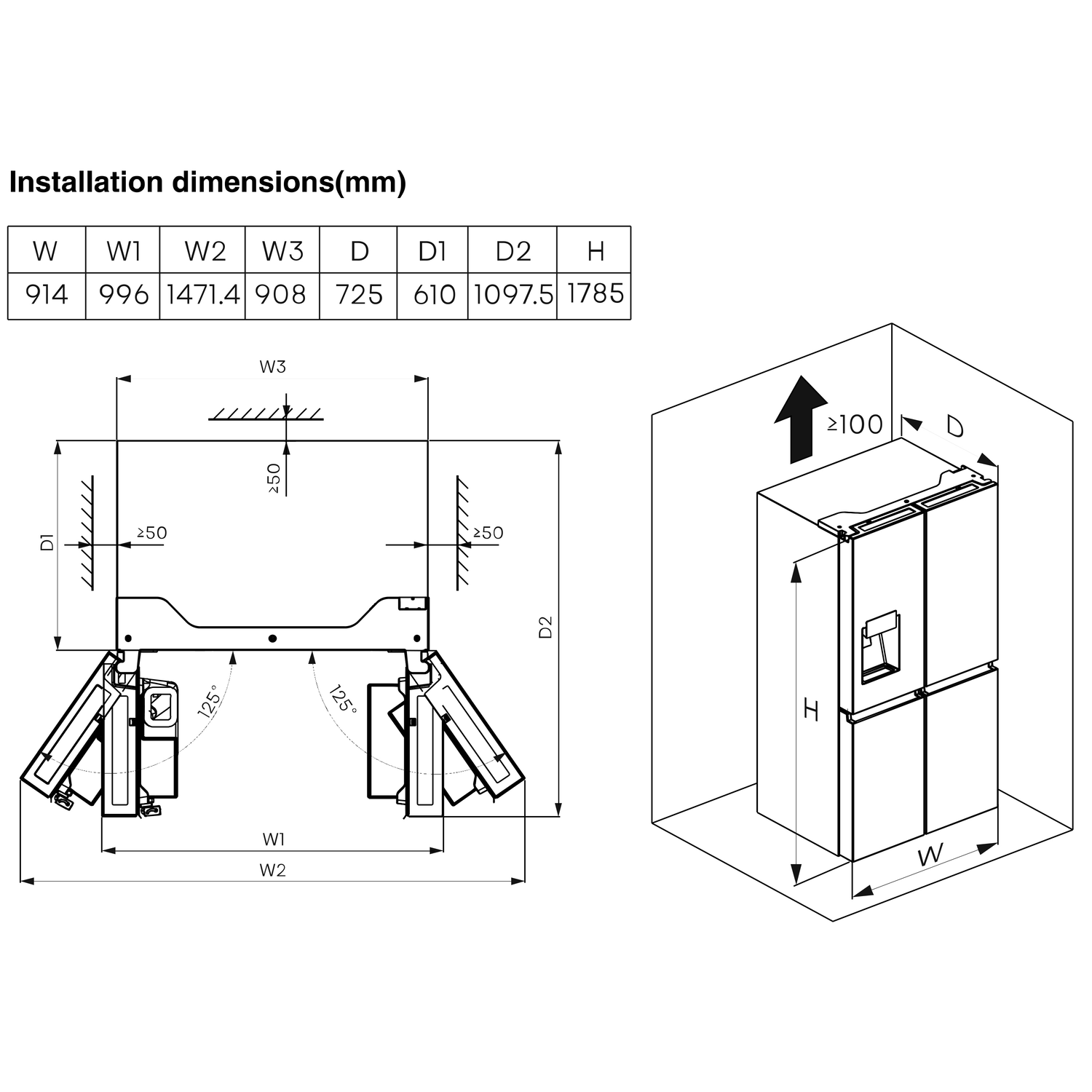 Diagram of a refrigerator with installation dimensions. Shows dimensions, including height and width.