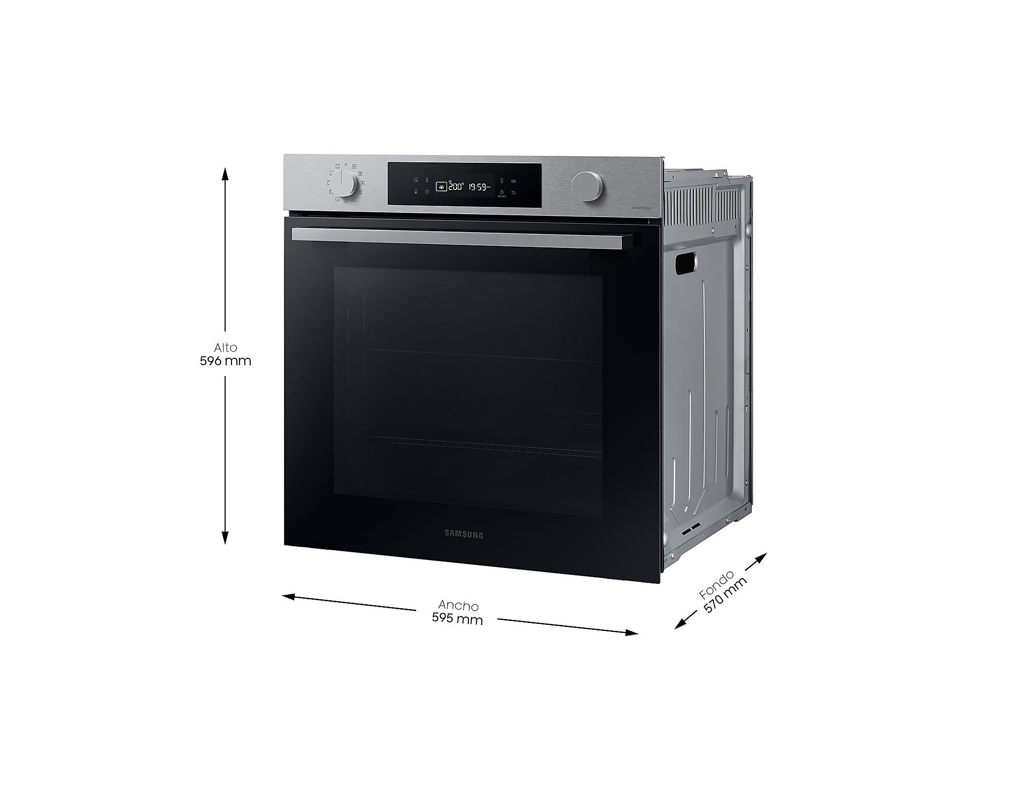 Horno plateado con dimensiones etiquetadas en milímetros.
