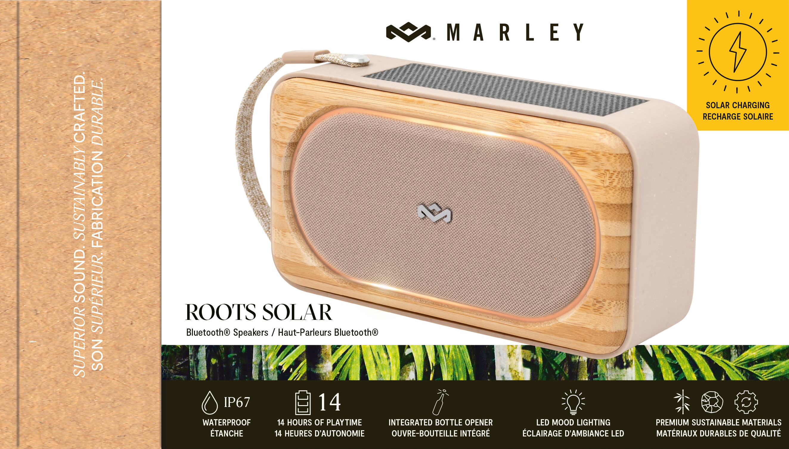 Beige und Holz-Lautsprecher mit Solarpanel. Text: Roots Solar, Marley.