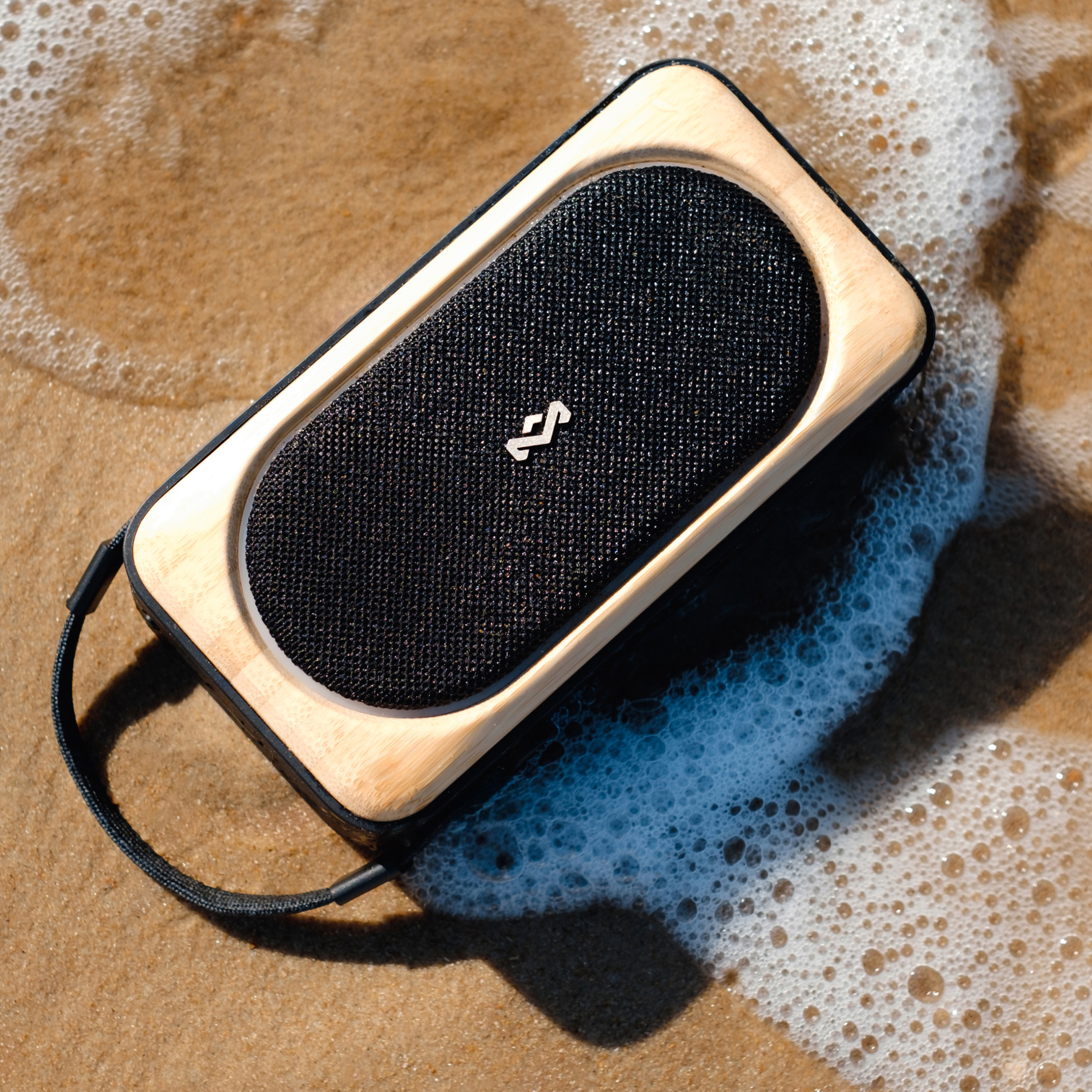 Haut-parleur encadré en bois avec façade en mesh noir, posé sur du sable mouillé près de l'océan. Sangle noire visible.