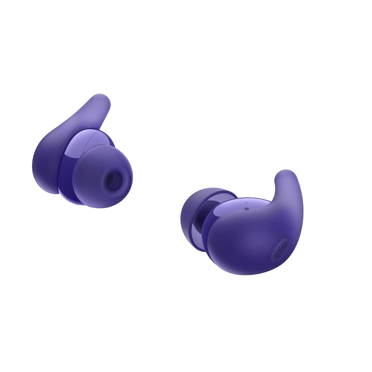 Deux paires d'écouteurs violets. Ils sont de style intra-auriculaire, de forme arrondie et avec un petit microphone.