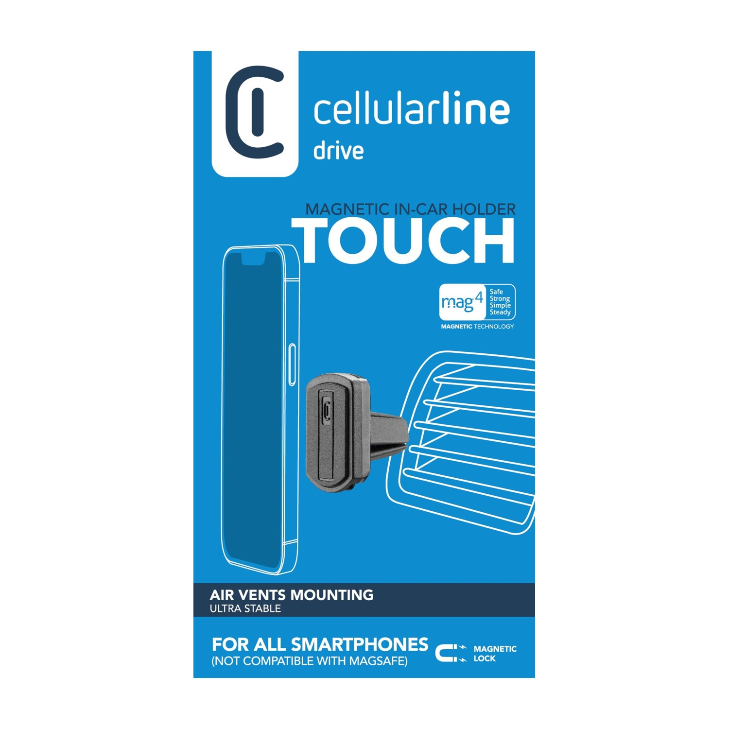 Un supporto magnetico per telefono per auto. È nero e mostra il telefono e la ventilazione.