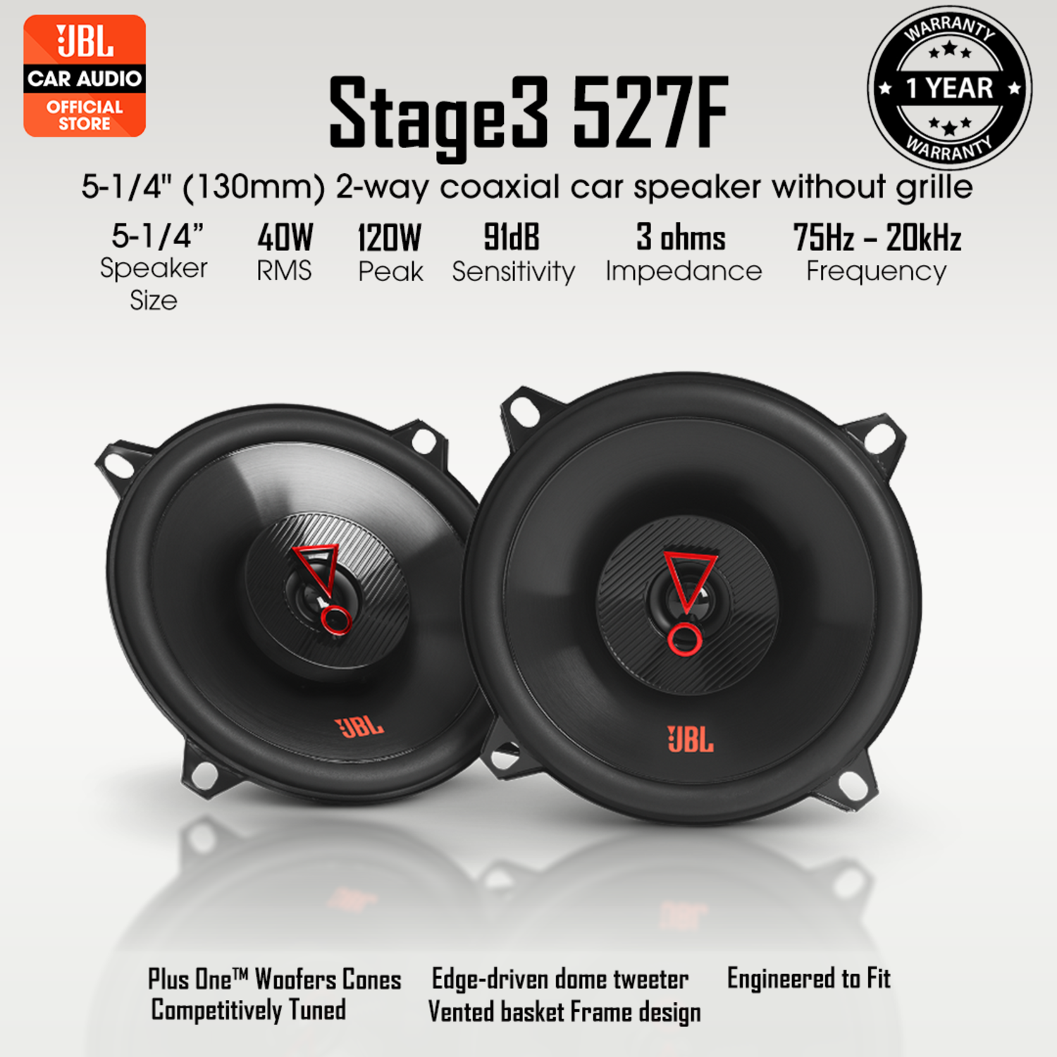 Twee autospeakers met tekst met specificaties en garantie-informatie.