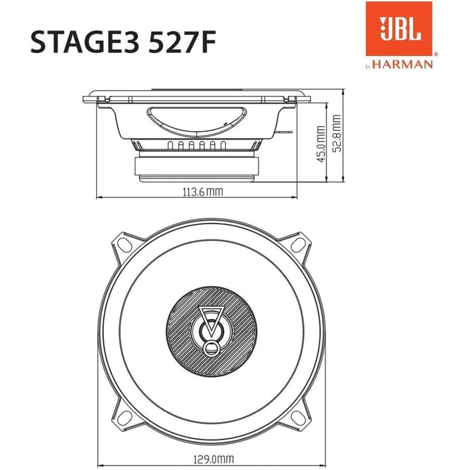 Diagram van een JBL-luidspreker, met afmetingen en een gedetailleerd beeld van het ontwerp van de luidspreker.