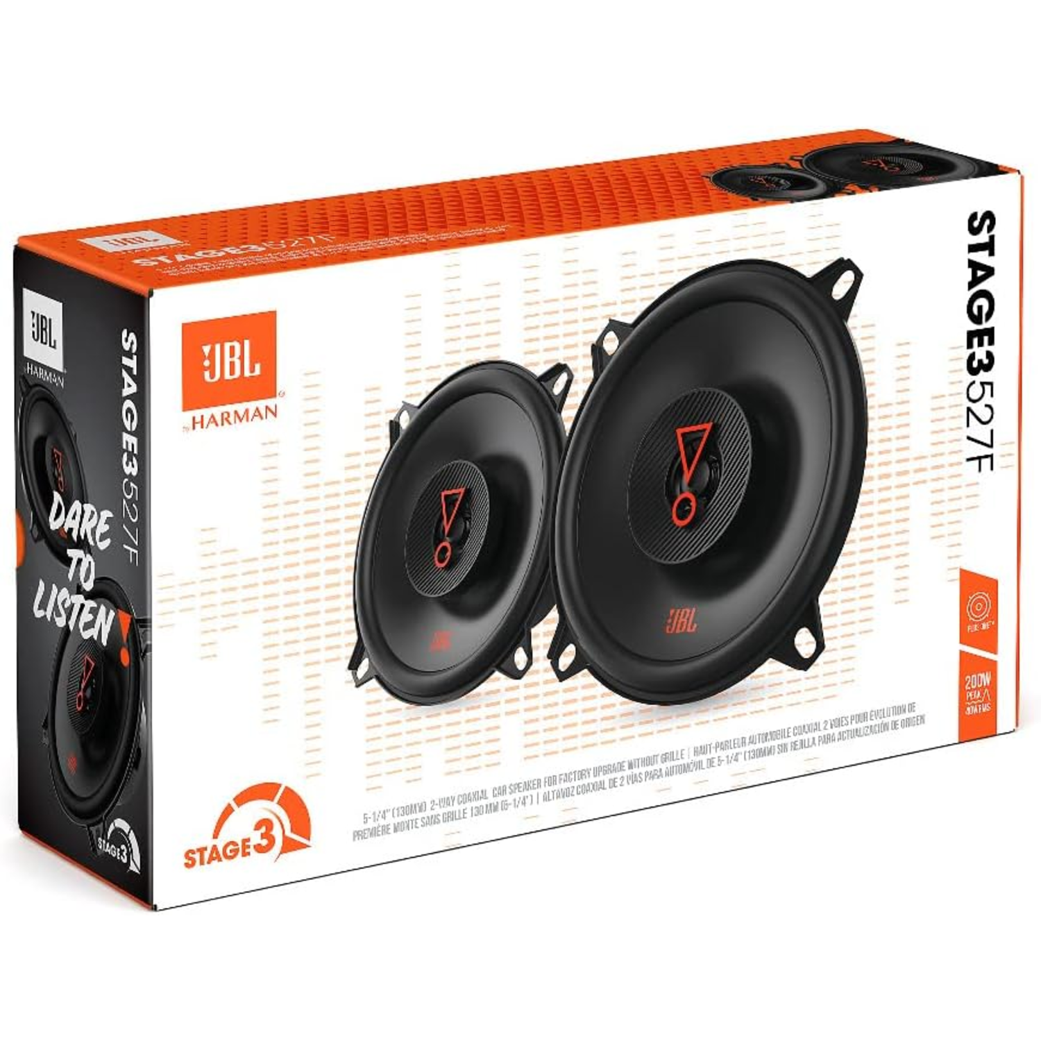Een autoluidsprekerbox met twee zwarte luidsprekers. De doos is oranje en wit, met het JBL-logo en tekst.