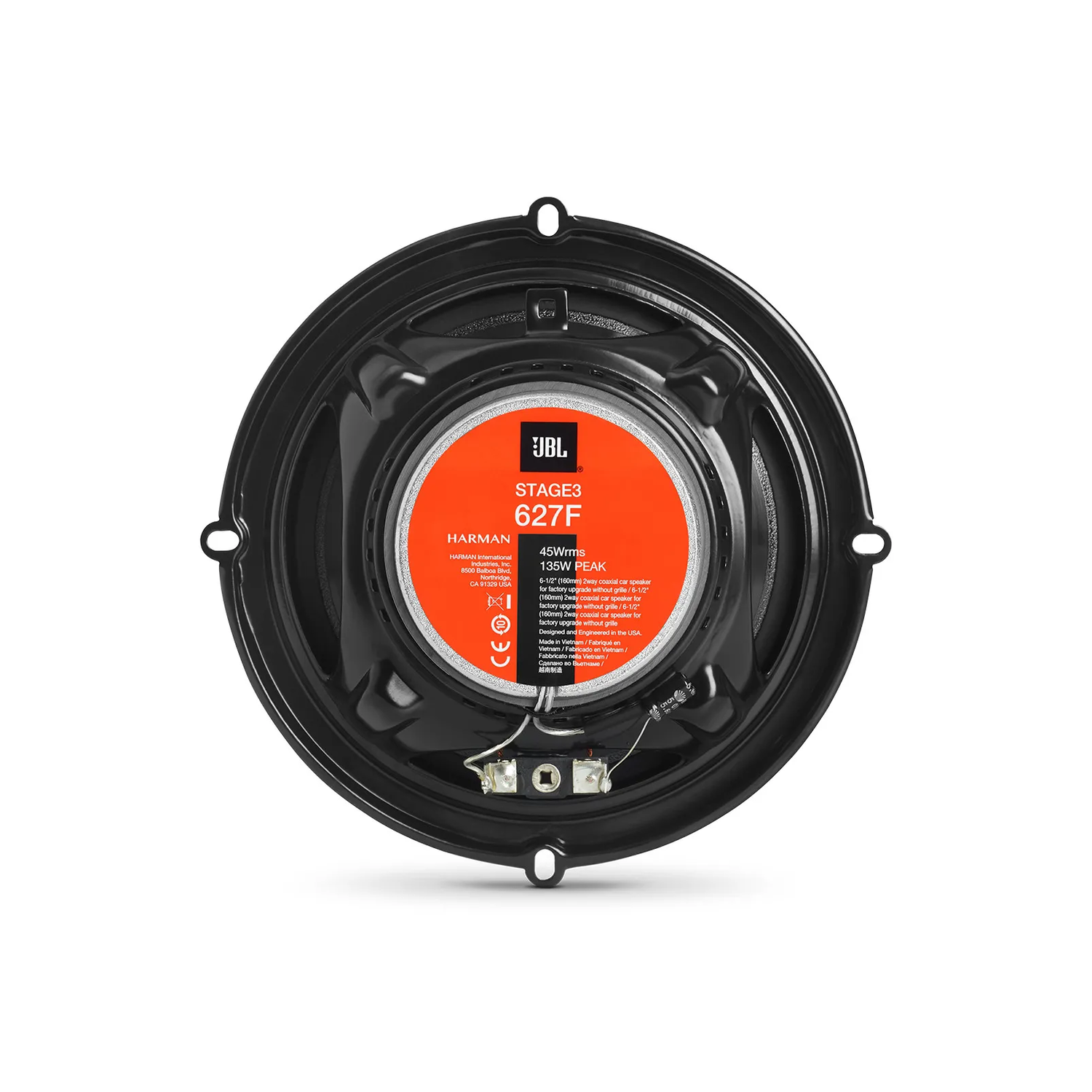 Zwarte autospeaker met een centraal oranje label, met het JBL-logo.