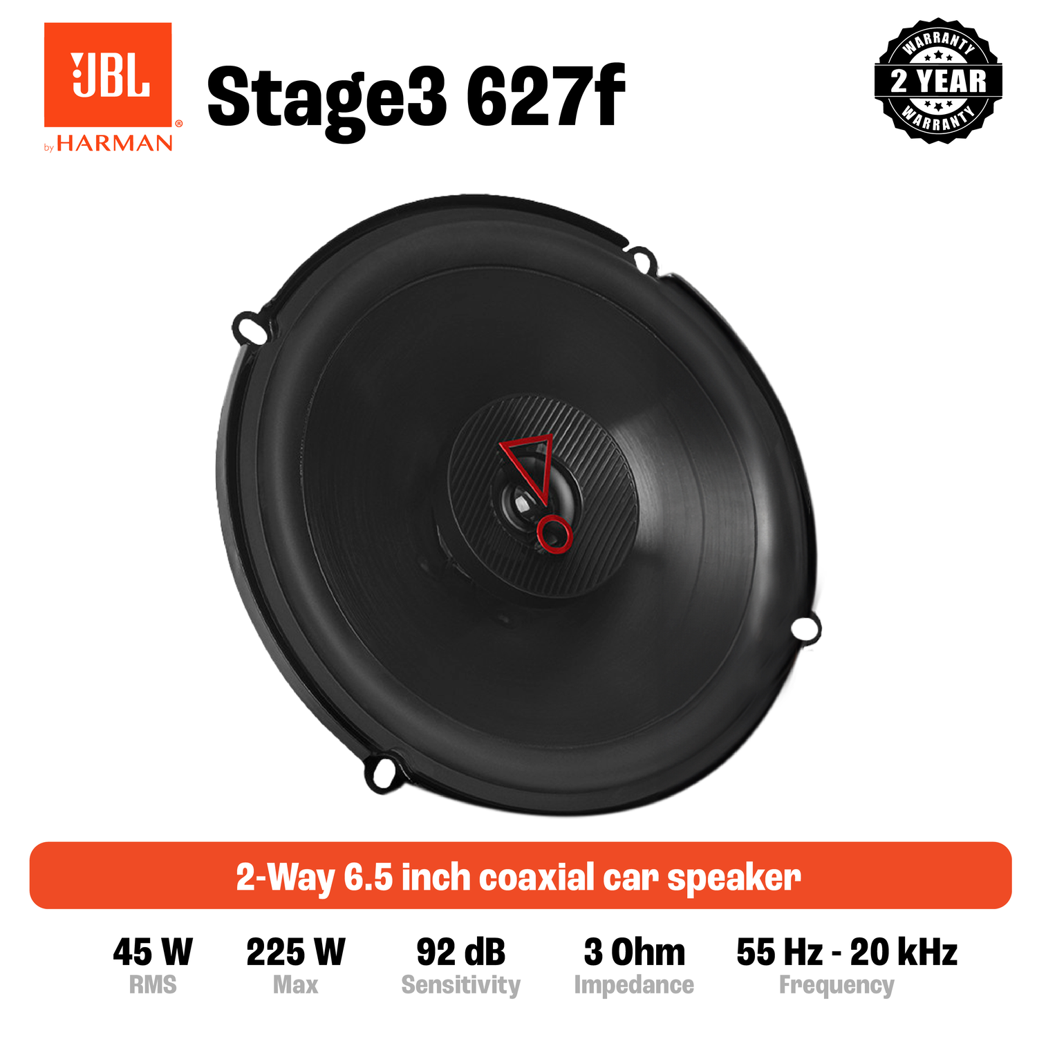 JBL Stage3 627f autospeaker, zwart met oranje details.