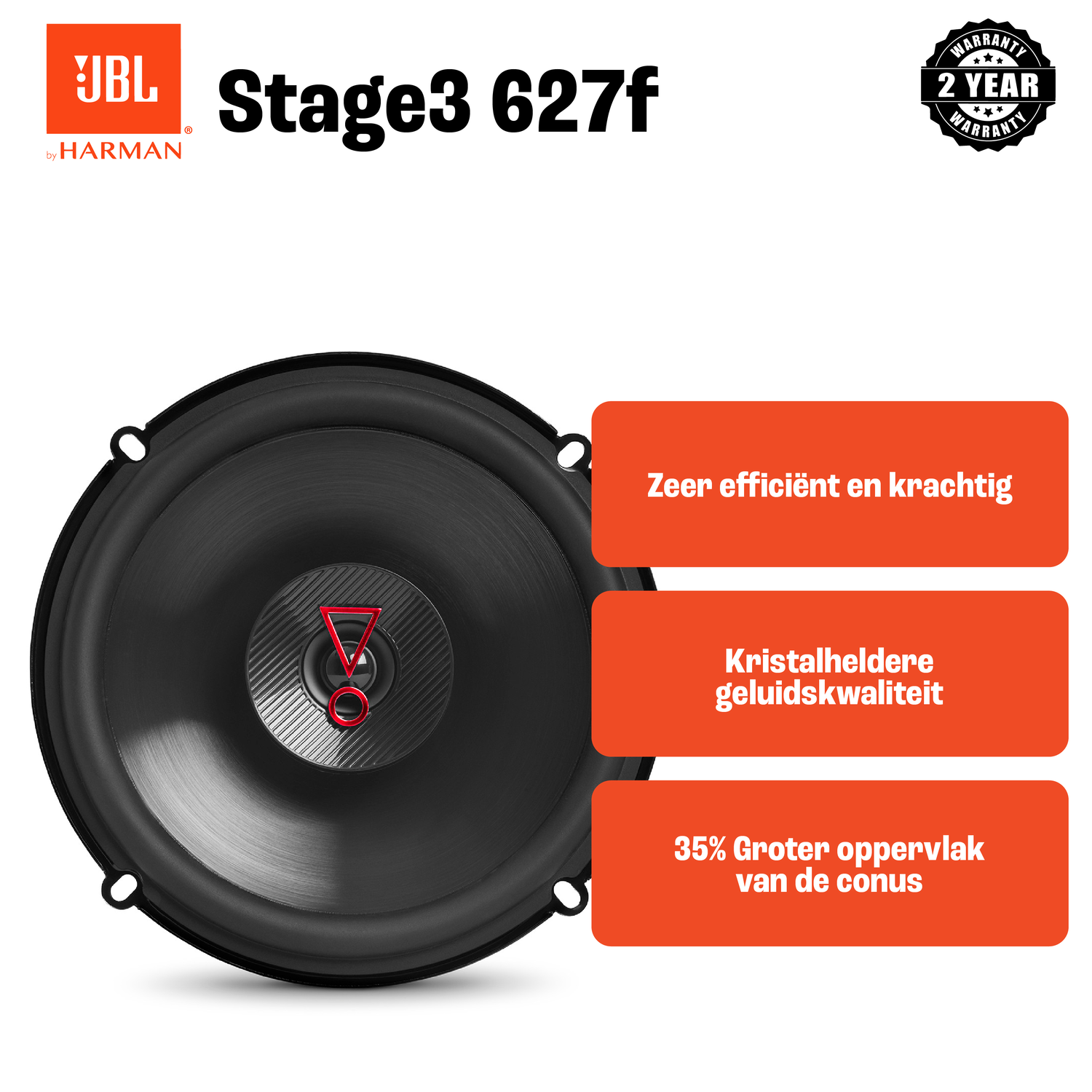Een zwarte luidspreker met het JBL-logo, tekst en oranje labels op een oranje achtergrond.