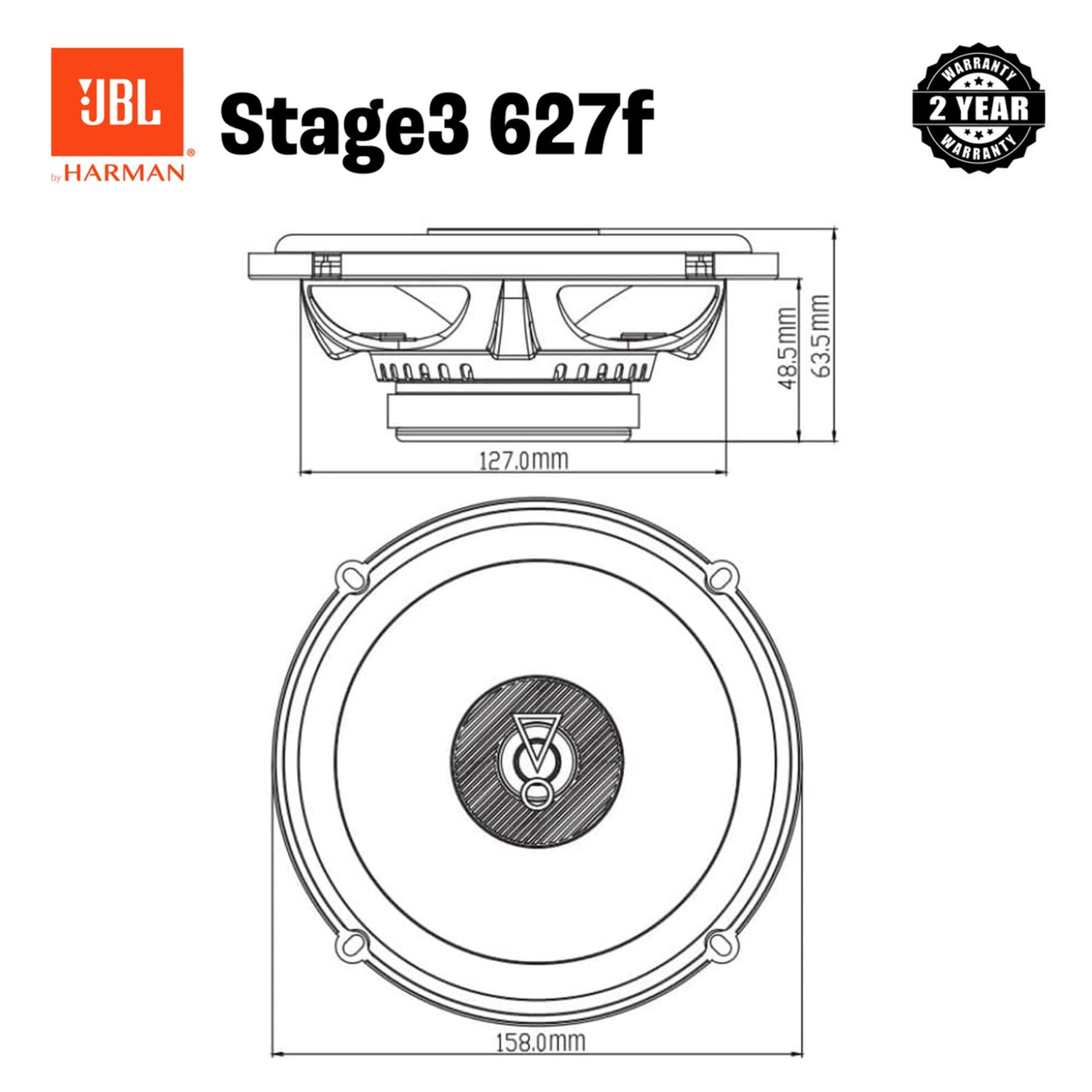 Diagram van JBL Stage3 627f speaker. Toont boven- en vooraanzicht met afmetingen en logo's.